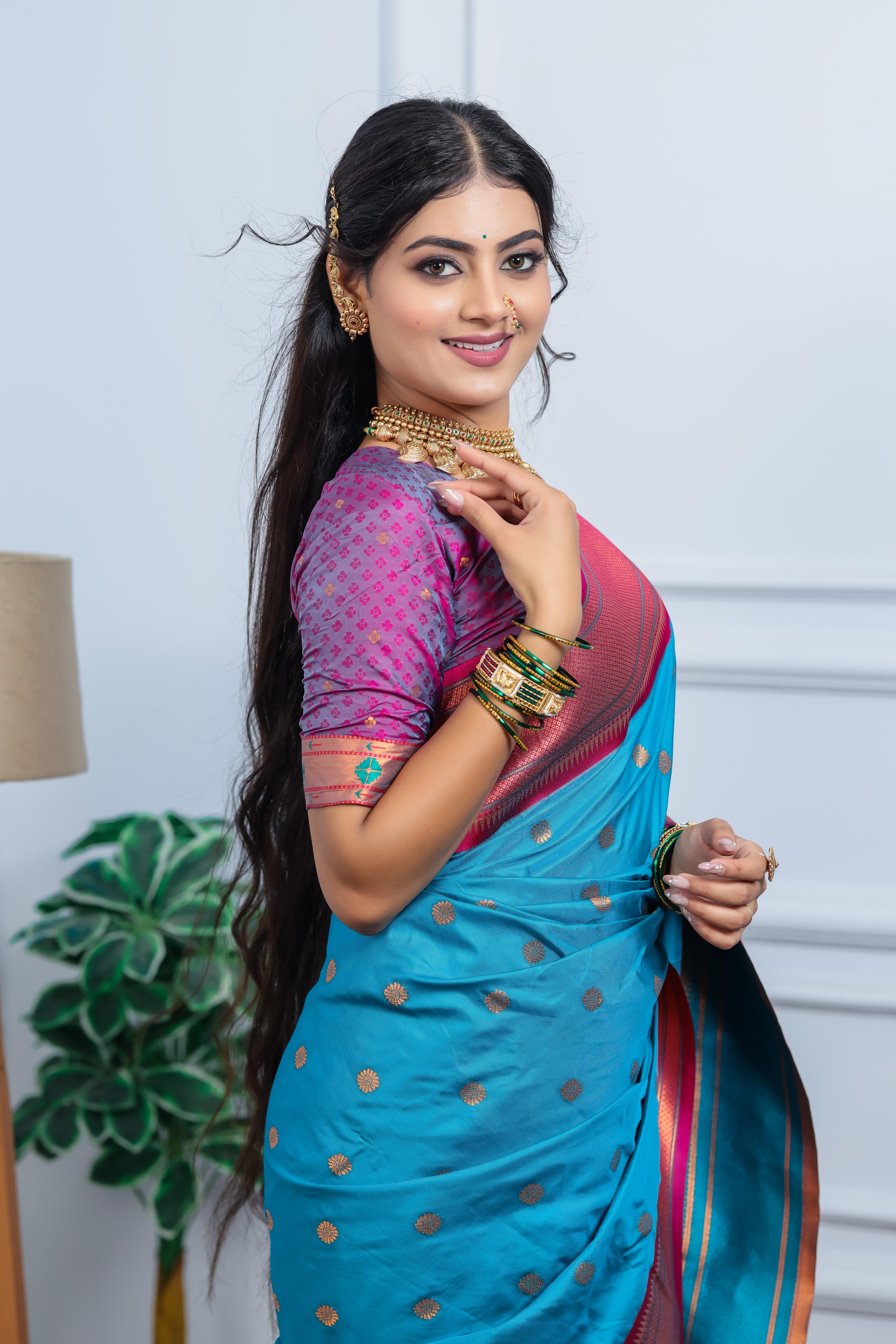 Turquoise Blue Paithani Silk Saree with Golden Zari Butti, Pink Border & Designer Pallu