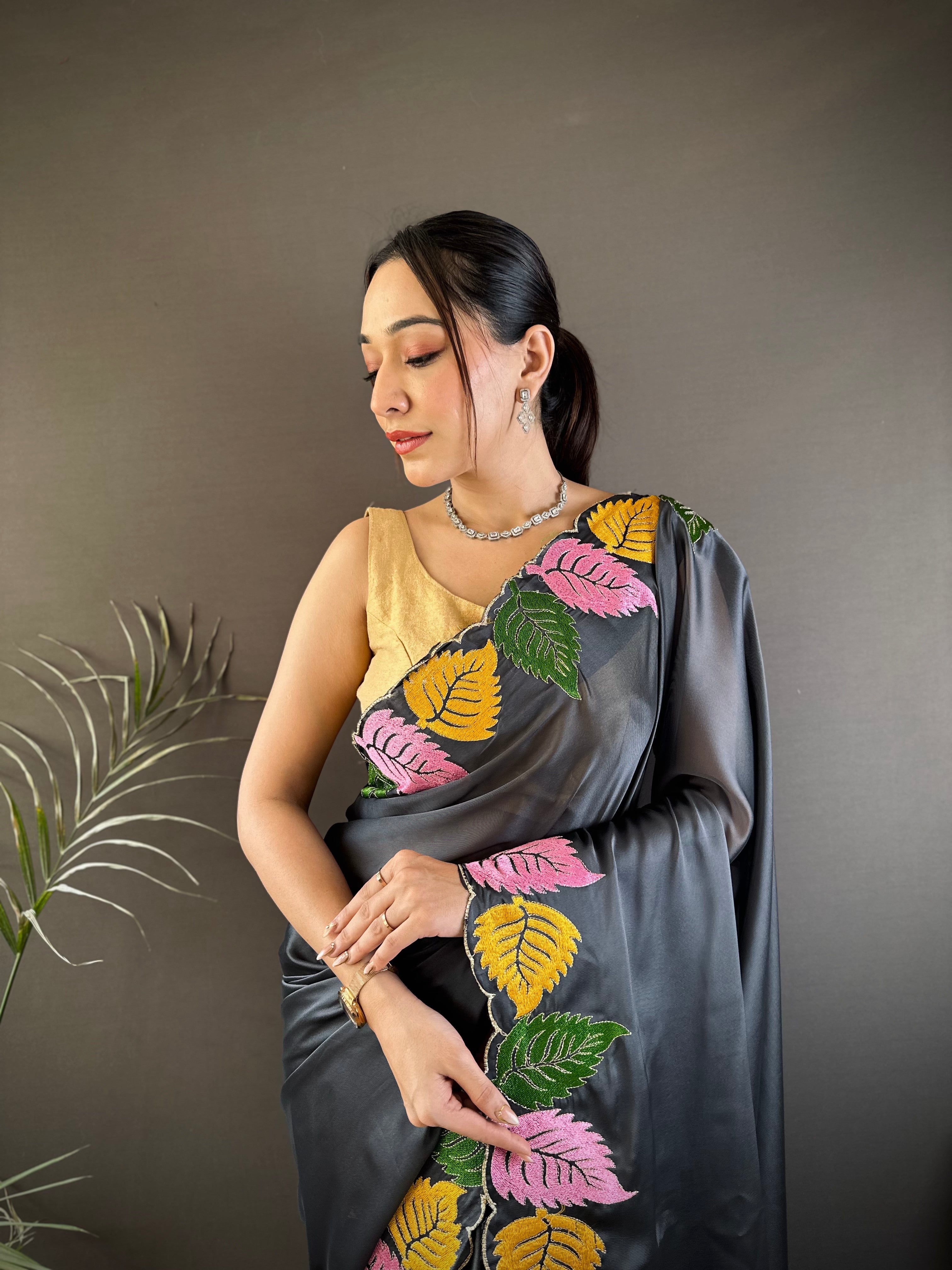 Charcoal Grey Georgette Saree with Multicolor Leaf Embroidery Border & Designer Pallu
