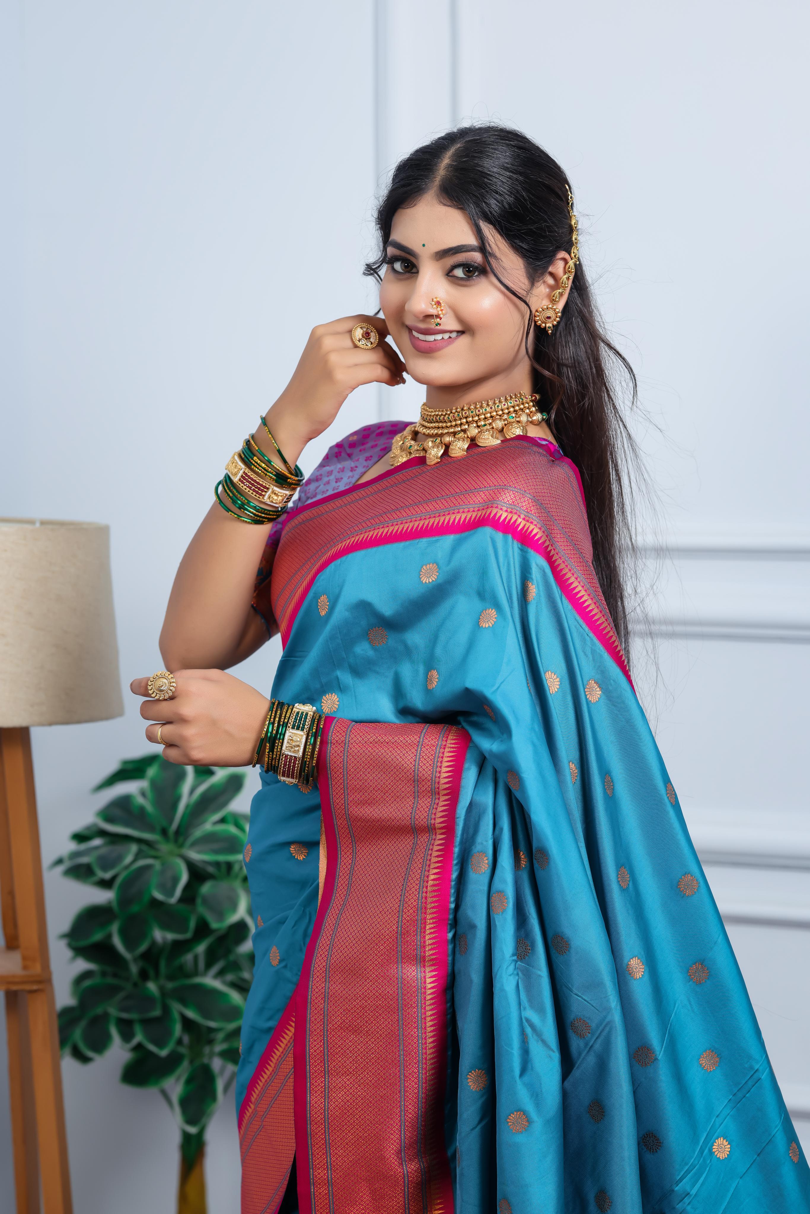 Turquoise Blue Paithani Silk Saree with Golden Zari Butti, Pink Border & Designer Pallu