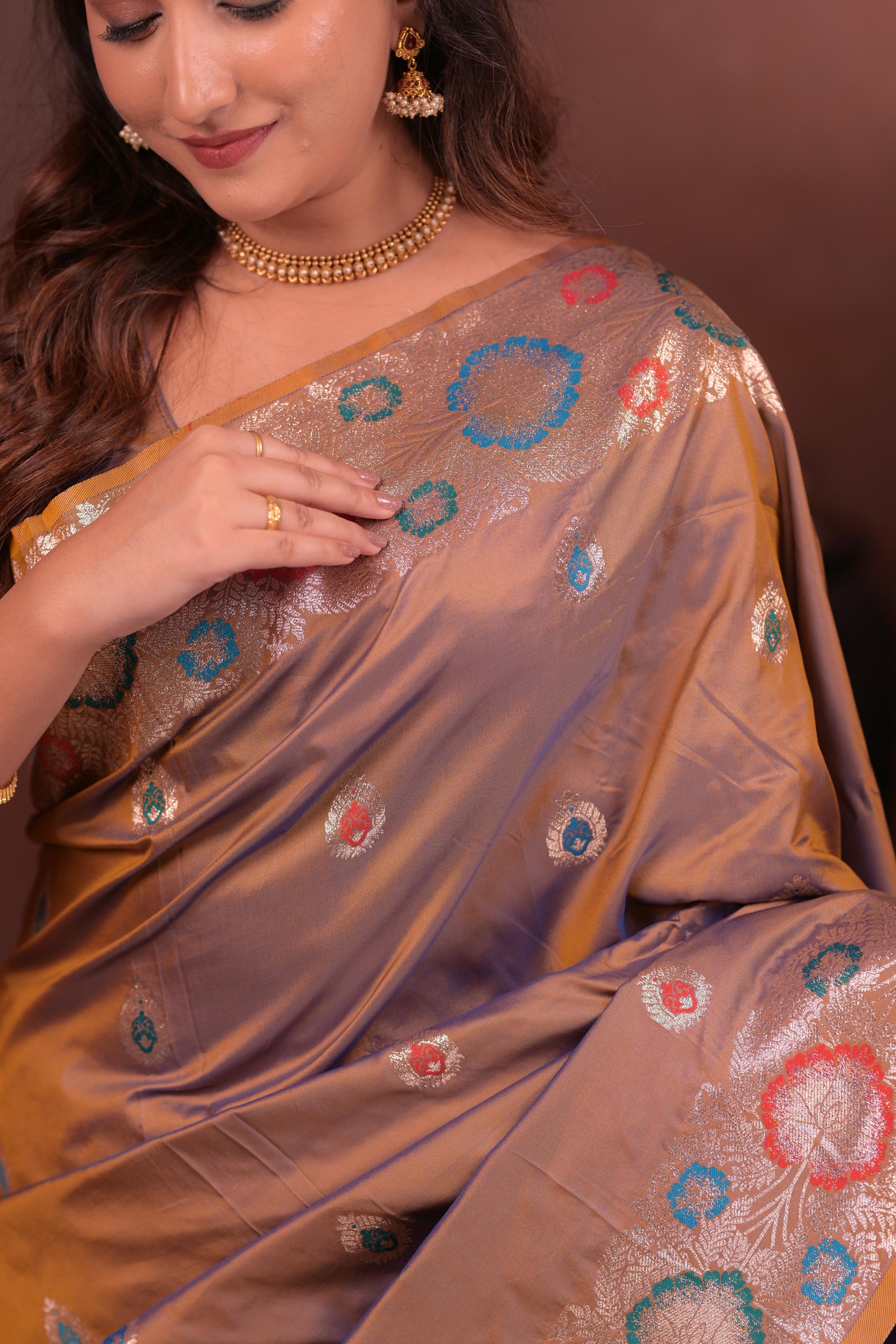 Taupe Brown Banarasi Silk Saree with Multicolor Floral Zari Woven Border & Rich Designer Pallu