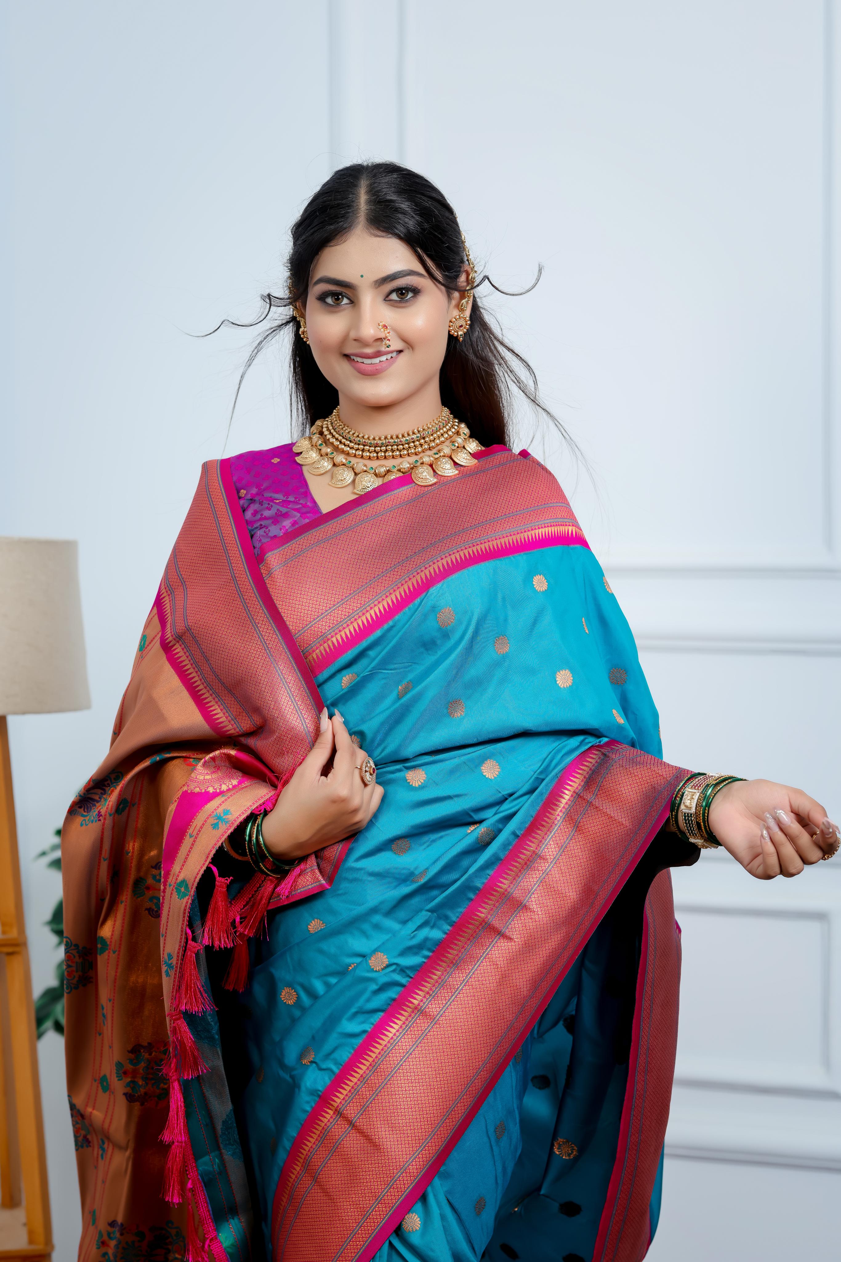 Turquoise Blue Paithani Silk Saree with Golden Zari Butti, Pink Border & Designer Pallu