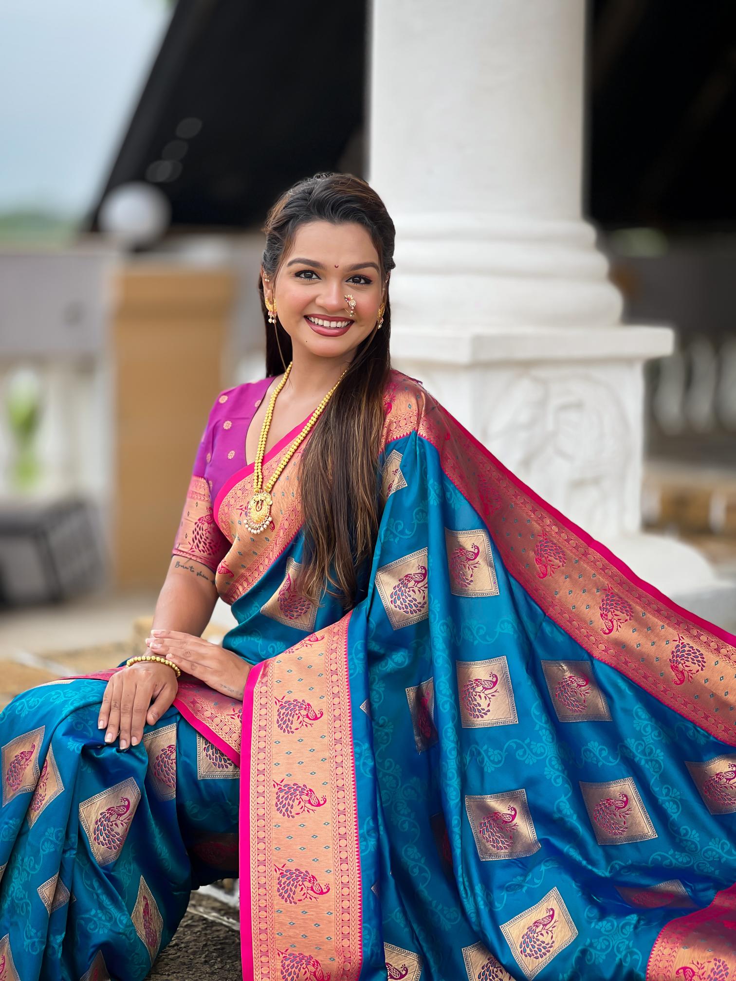 Premium Peacock Blue Banarasi Silk Saree for Women