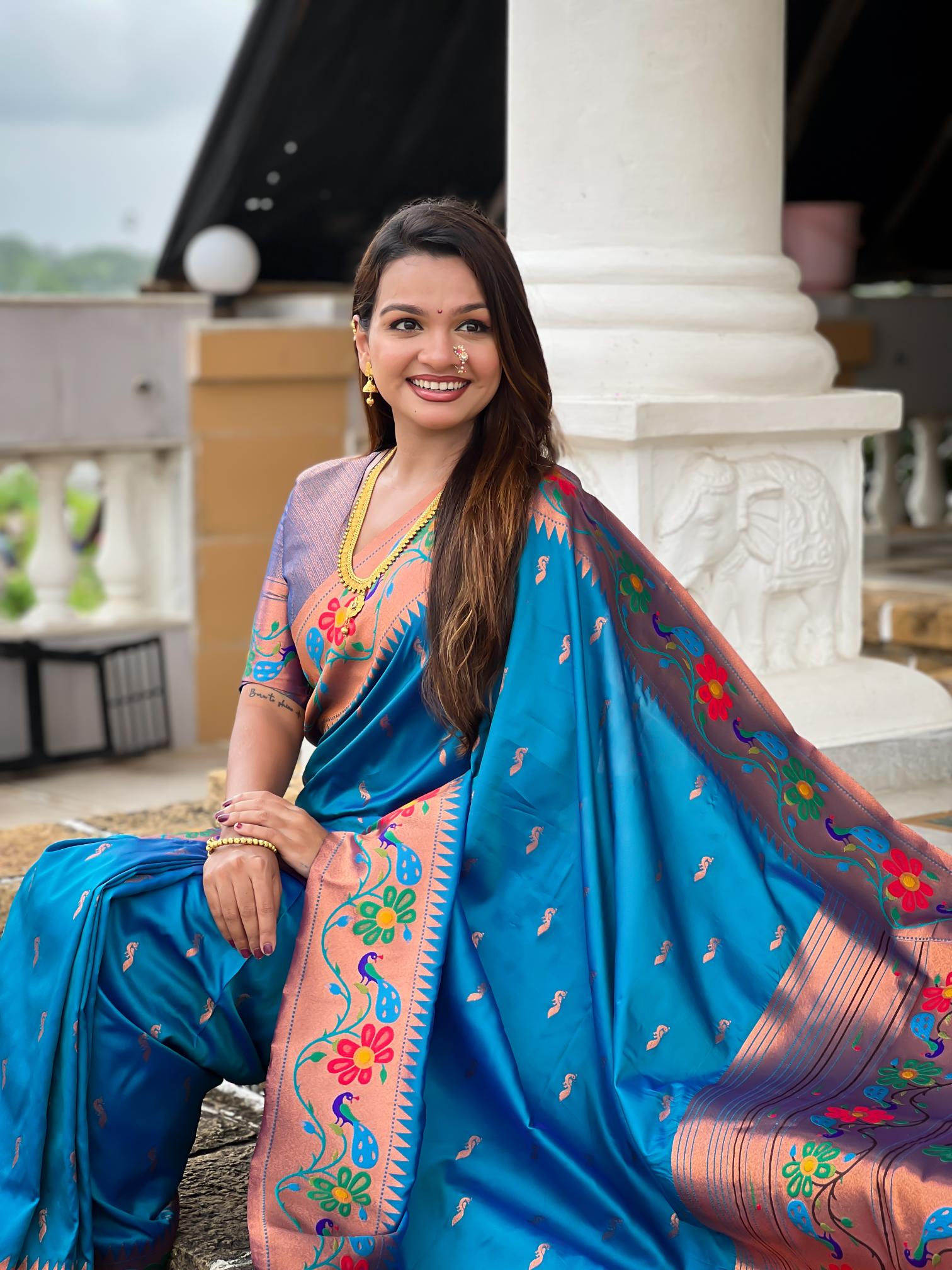 Premium Sky Blue Paithani Silk Saree for Women