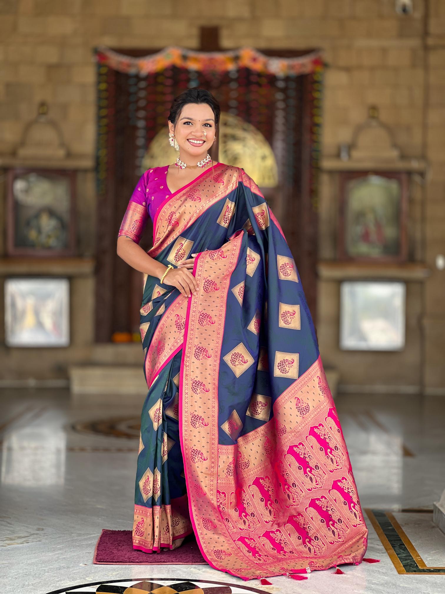 Premium Navy Blue Banarasi Silk Saree for Women