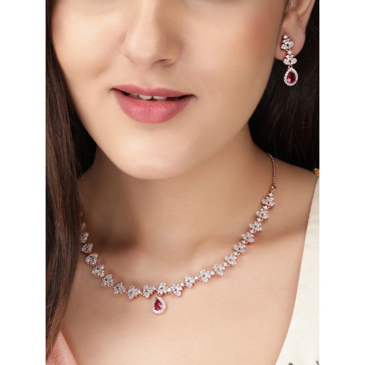 Wentra 22K Rose Gold-Plated Ruby Pink & White Cubic Zirconia Studded Necklace Set with Earrings