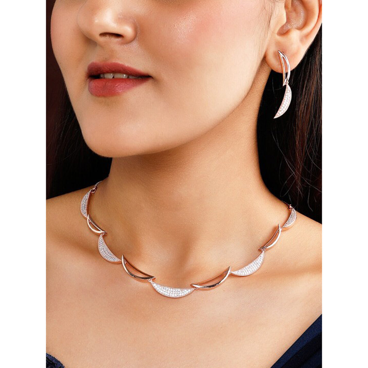 Wentra Rose Gold Plated Zirconia Stone Studded Handcrafted Necklace Set.