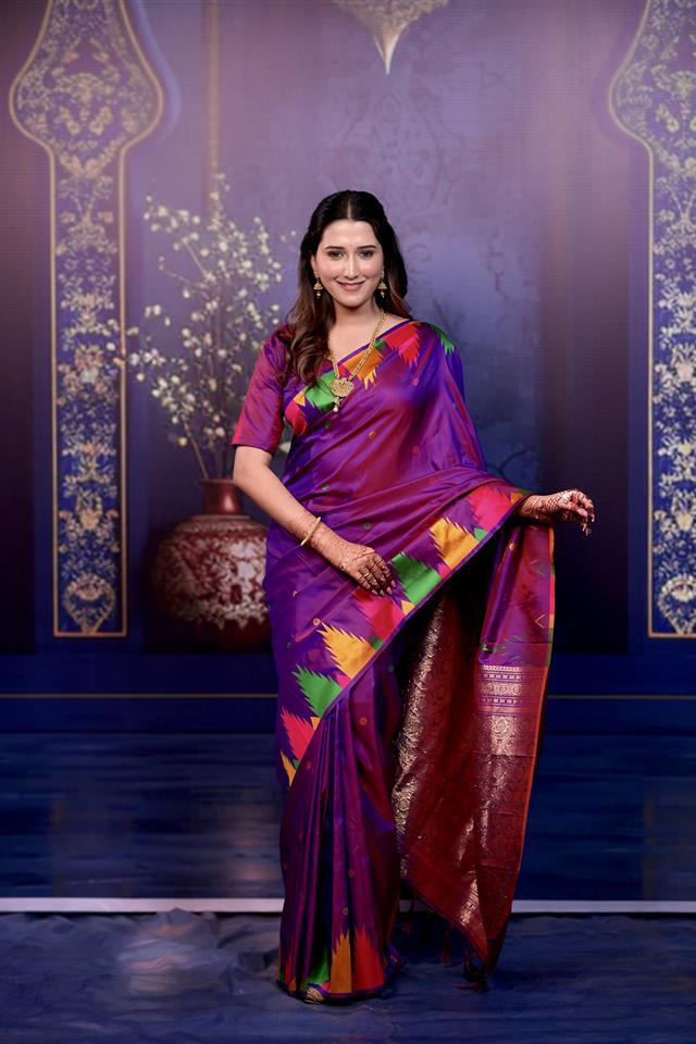 Purple Banarasi Silk Saree with Multicolor Ikat Design & Rich Zari Woven Pallu
