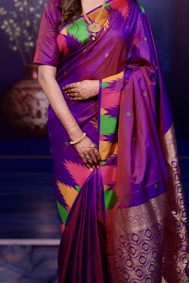 Purple Banarasi Silk Saree with Multicolor Ikat Design & Rich Zari Woven Pallu