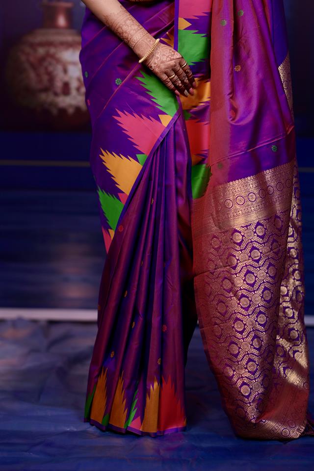 Purple Banarasi Silk Saree with Multicolor Ikat Design & Rich Zari Woven Pallu