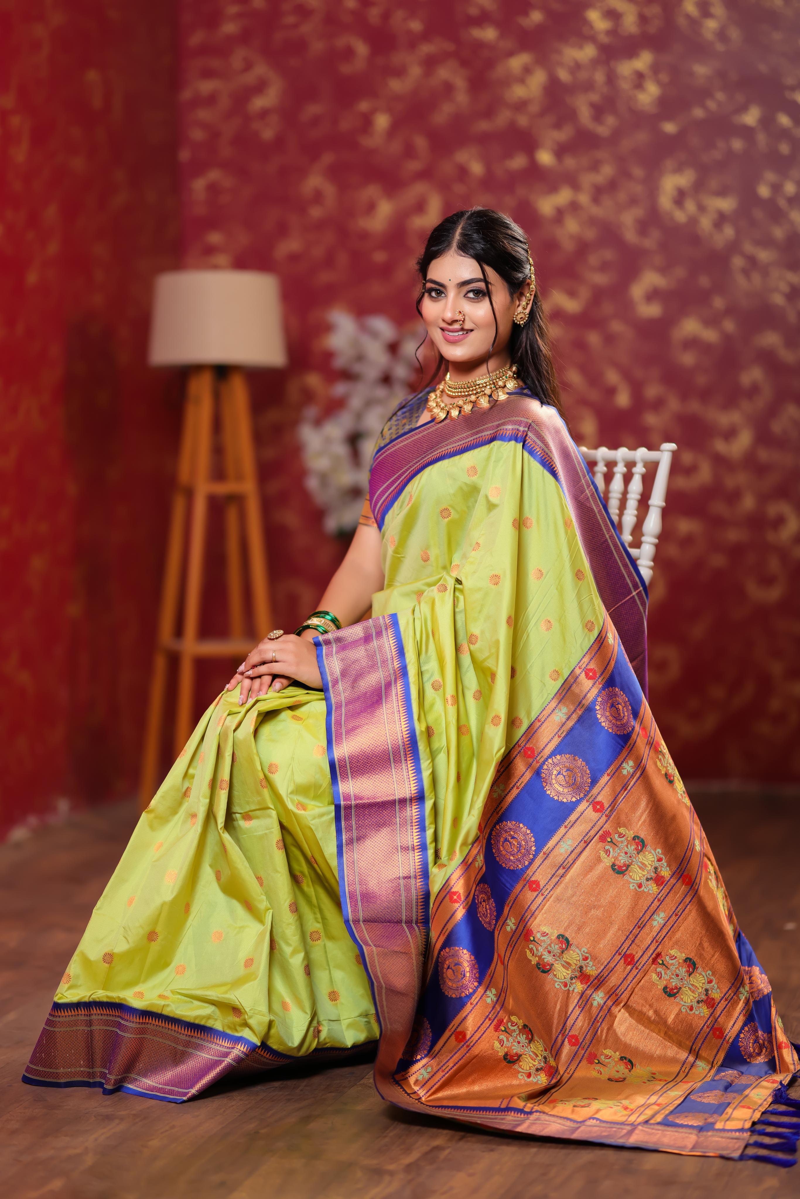 Lime Green Paithani Silk Saree with Golden Zari Butti, Royal Blue Border & Designer Pallu