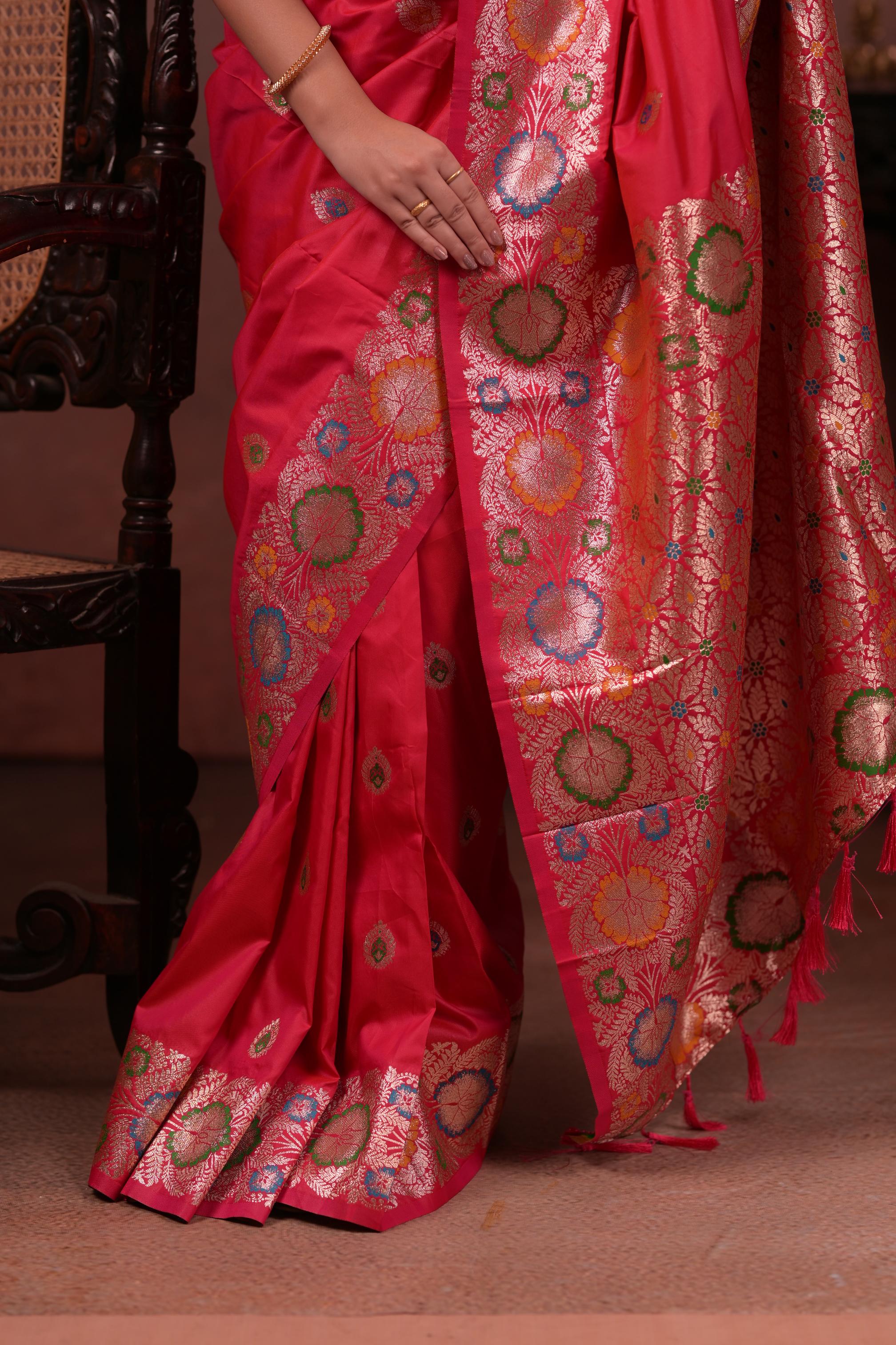Hot Pink Banarasi Silk Saree with Multicolor Floral Zari Woven Border & Rich Designer Pallu