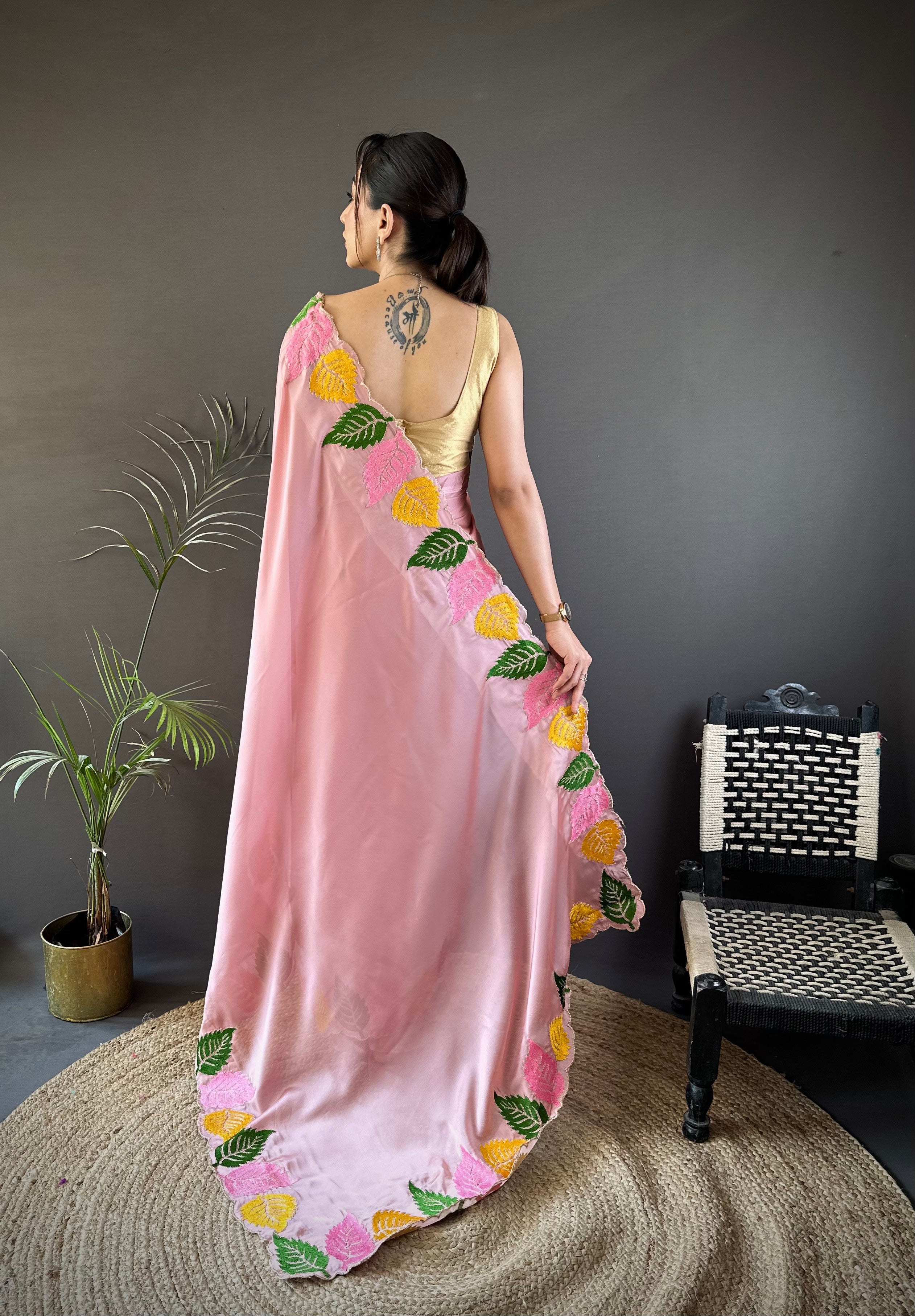 Baby Pink Georgette Saree with Multicolor Leaf Embroidery Border & Designer Pallu