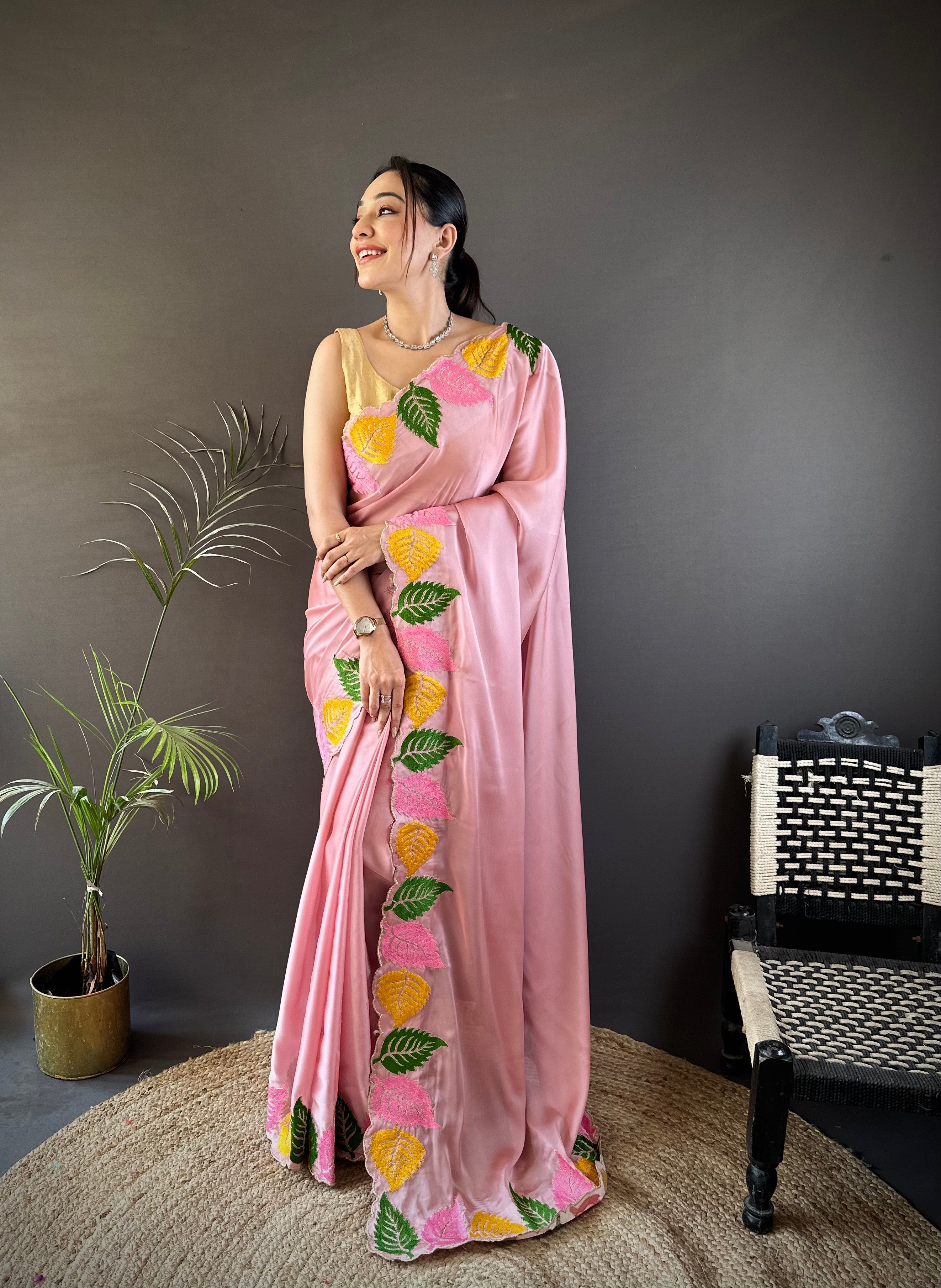 Baby Pink Georgette Saree with Multicolor Leaf Embroidery Border & Designer Pallu