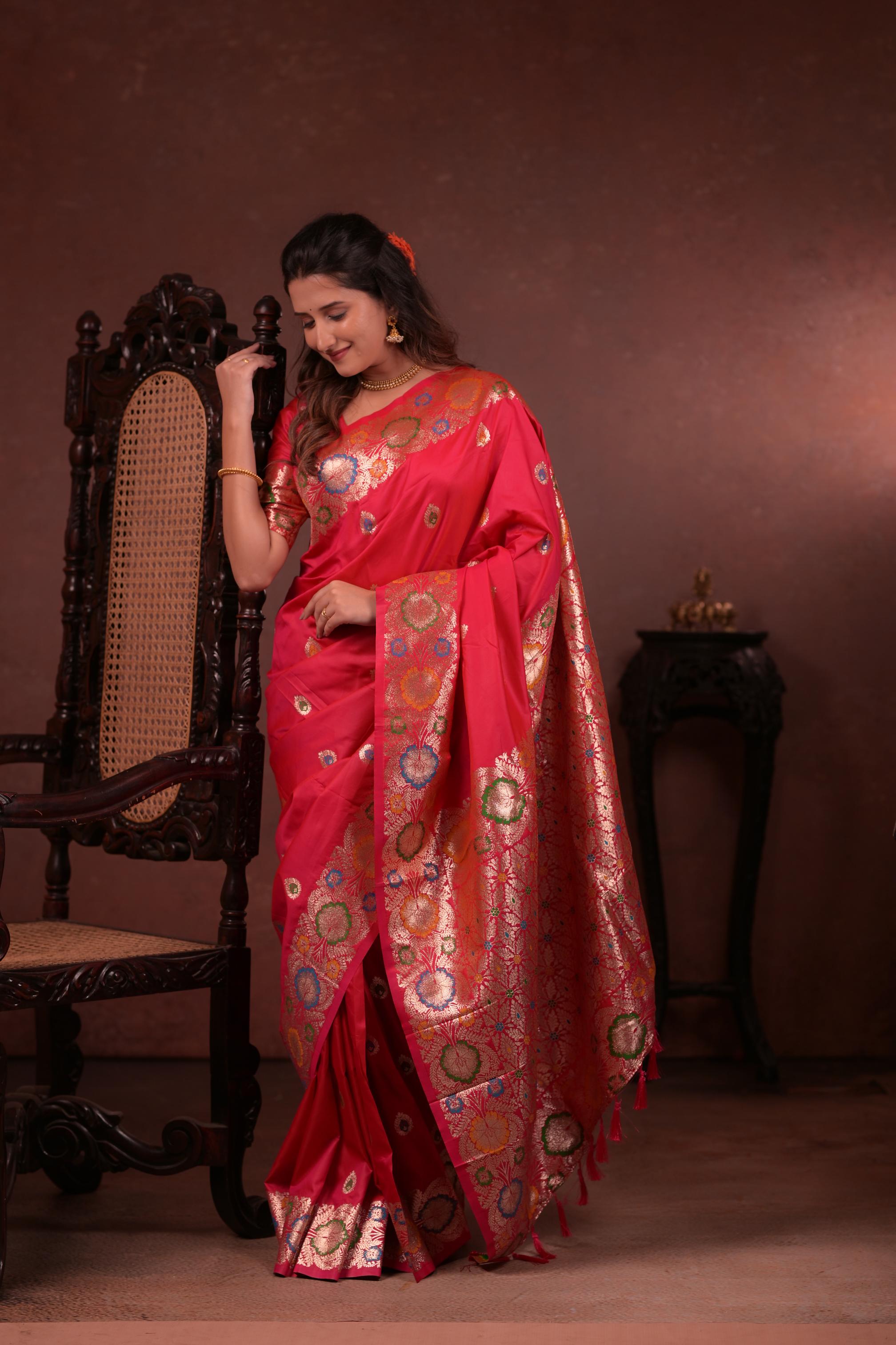 Hot Pink Banarasi Silk Saree with Multicolor Floral Zari Woven Border & Rich Designer Pallu