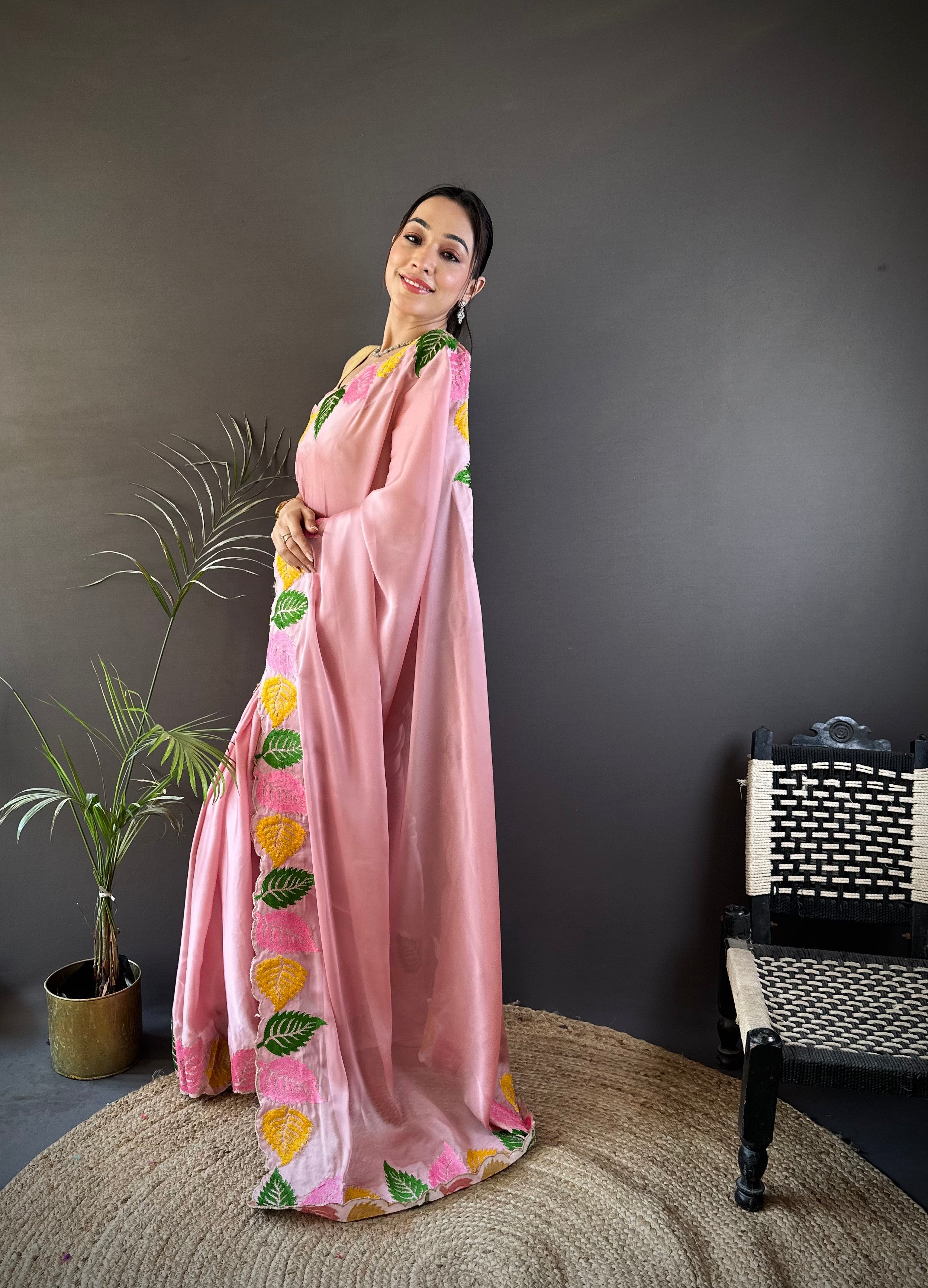 Baby Pink Georgette Saree with Multicolor Leaf Embroidery Border & Designer Pallu