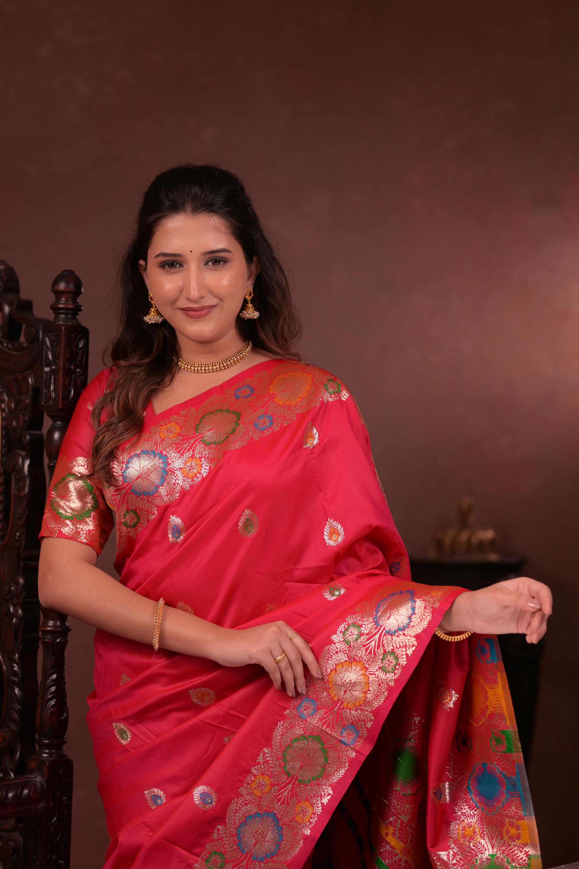 Hot Pink Banarasi Silk Saree with Multicolor Floral Zari Woven Border & Rich Designer Pallu