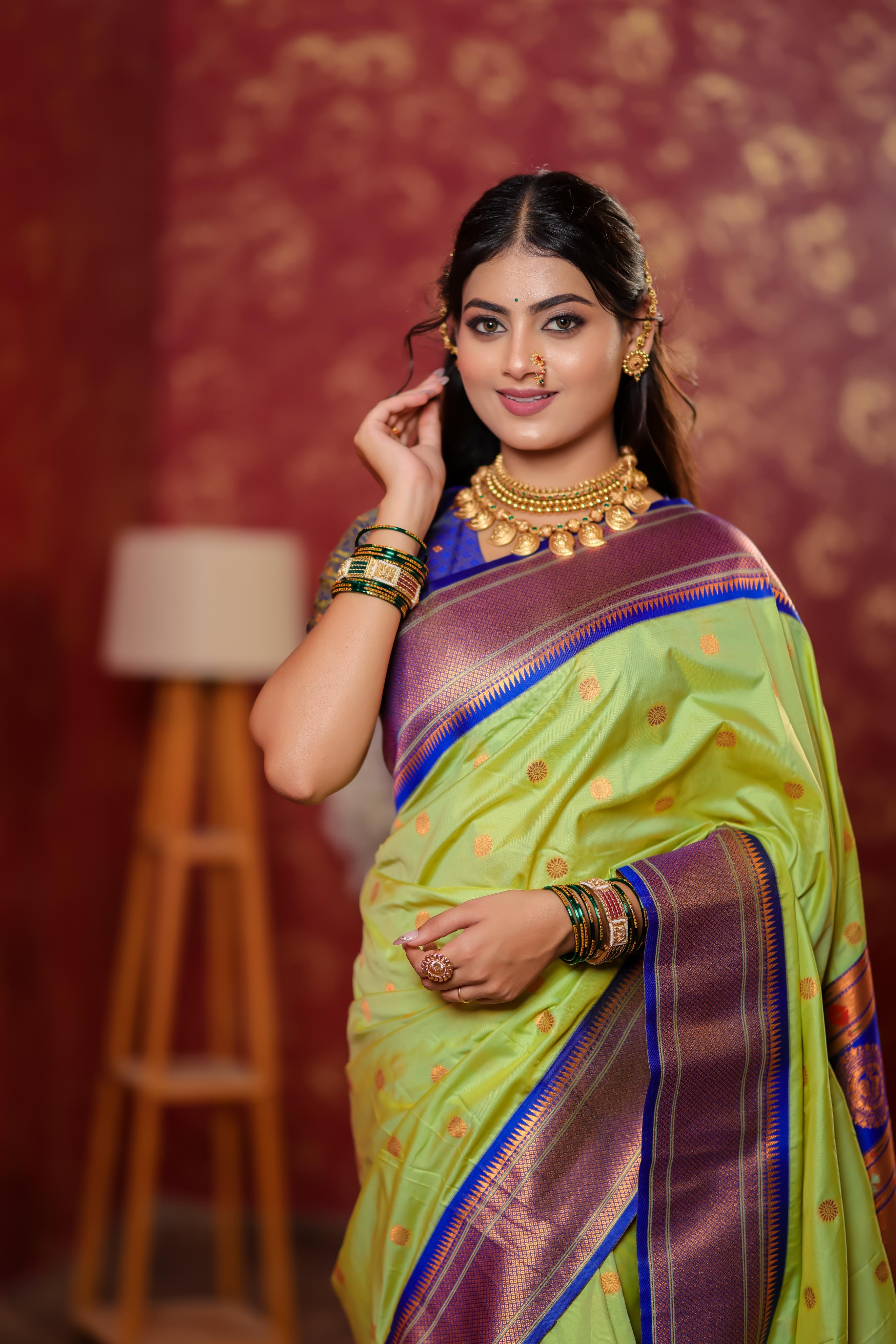 Lime Green Paithani Silk Saree with Golden Zari Butti, Royal Blue Border & Designer Pallu