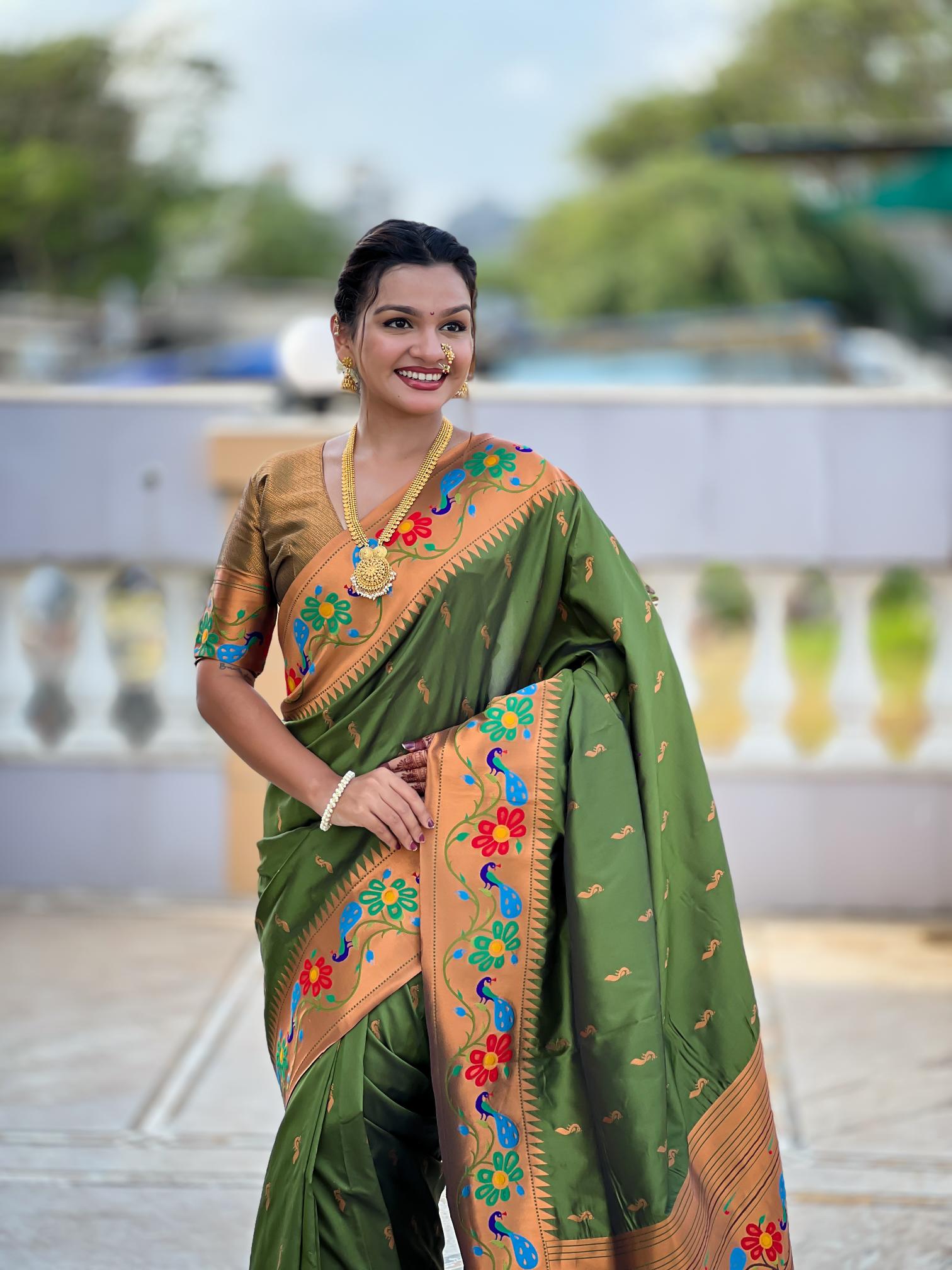 Premium Olive Green Paithani Silk Saree for Women