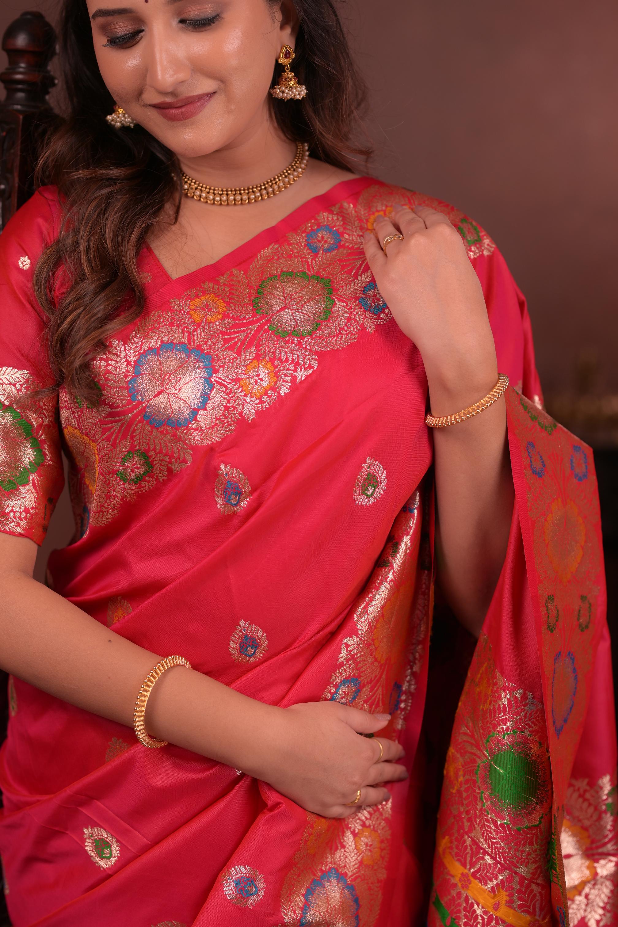 Hot Pink Banarasi Silk Saree with Multicolor Floral Zari Woven Border & Rich Designer Pallu