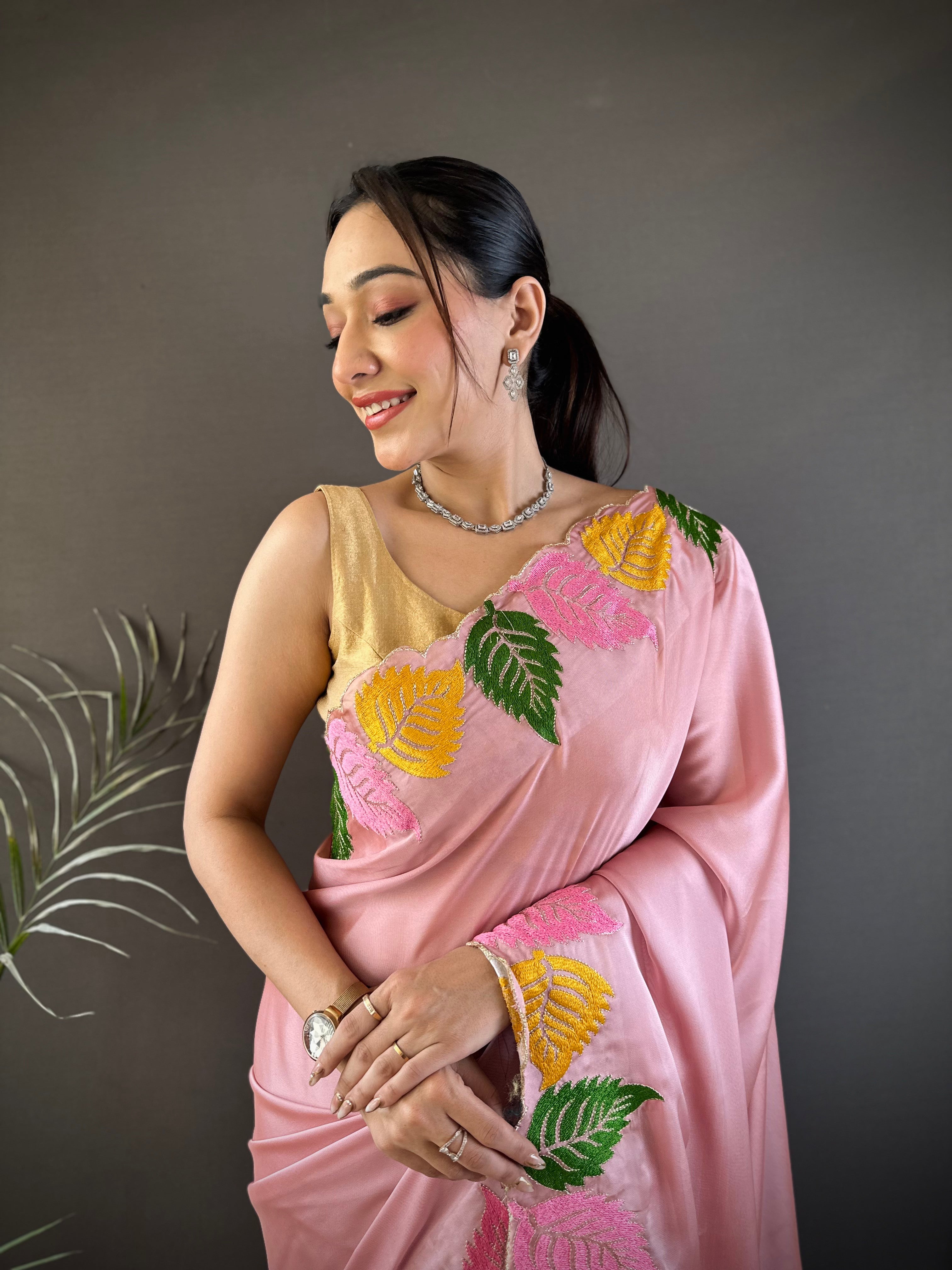 Baby Pink Georgette Saree with Multicolor Leaf Embroidery Border & Designer Pallu