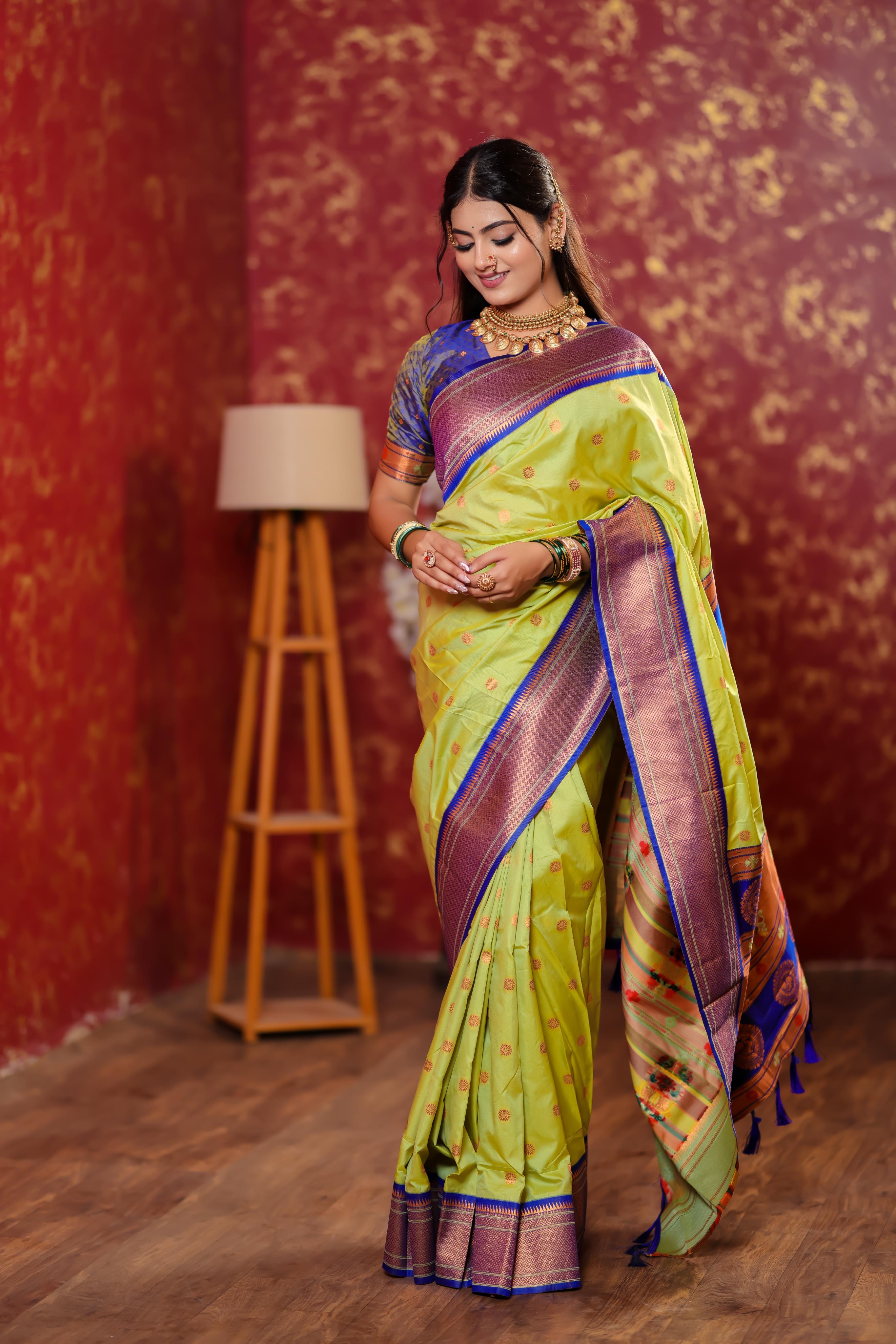 Lime Green Paithani Silk Saree with Golden Zari Butti, Royal Blue Border & Designer Pallu