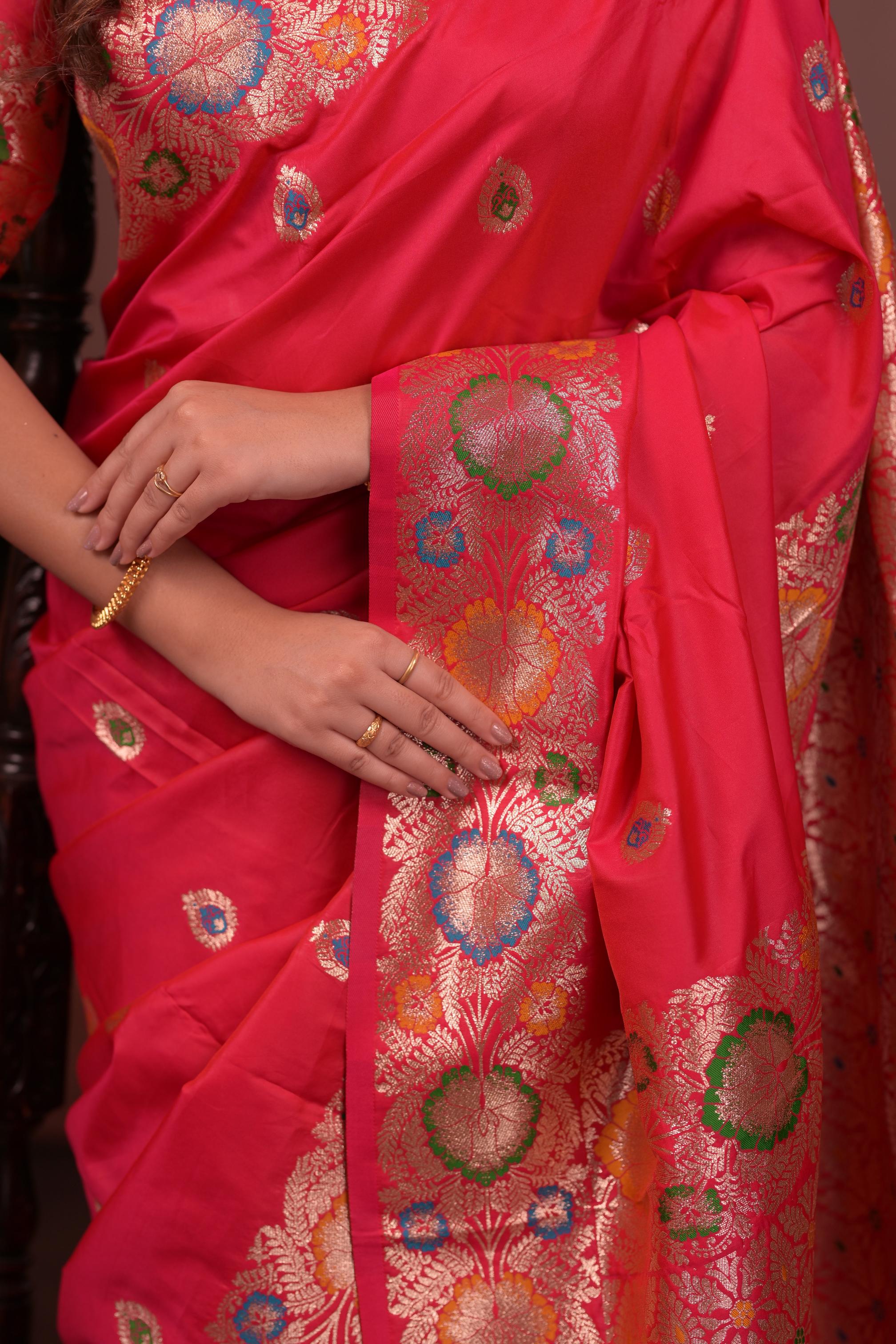 Hot Pink Banarasi Silk Saree with Multicolor Floral Zari Woven Border & Rich Designer Pallu