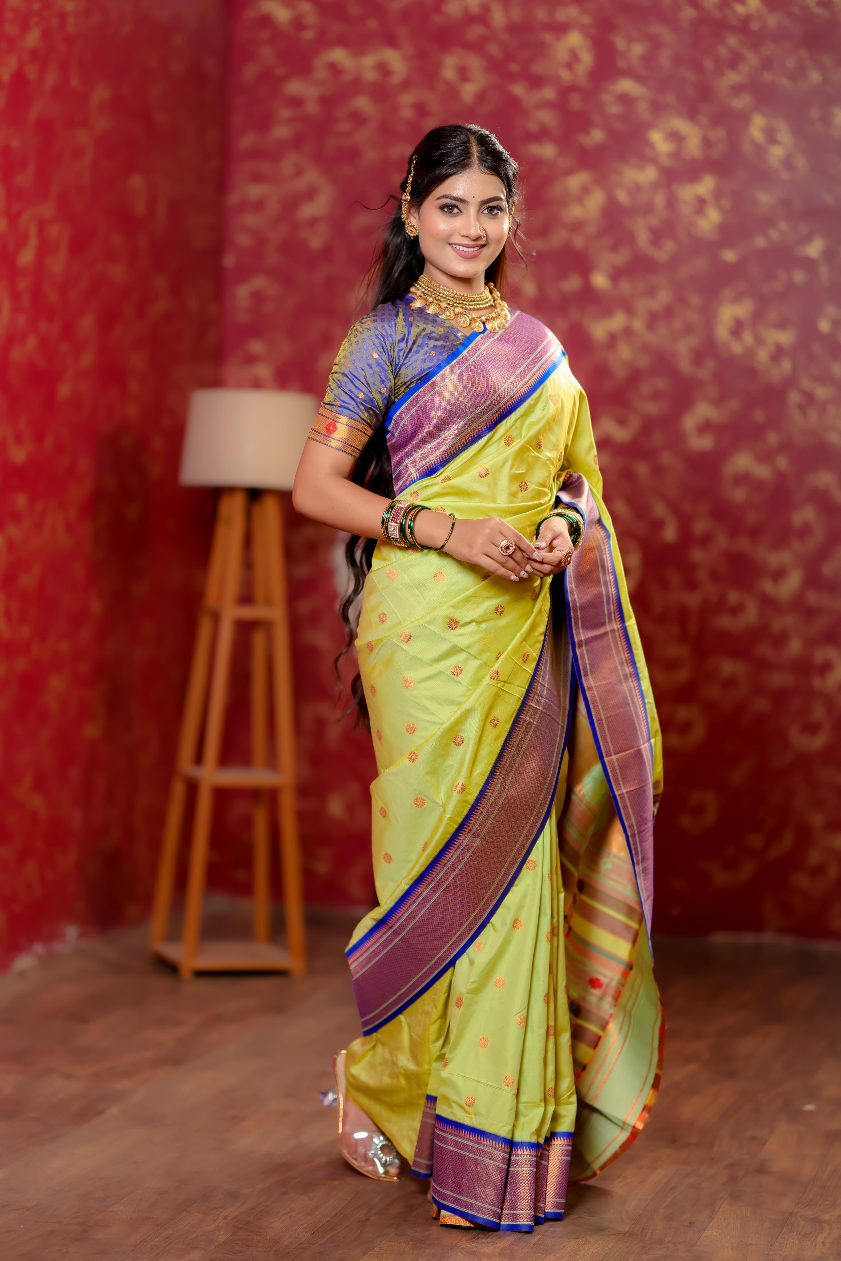 Lime Green Paithani Silk Saree with Golden Zari Butti, Royal Blue Border & Designer Pallu