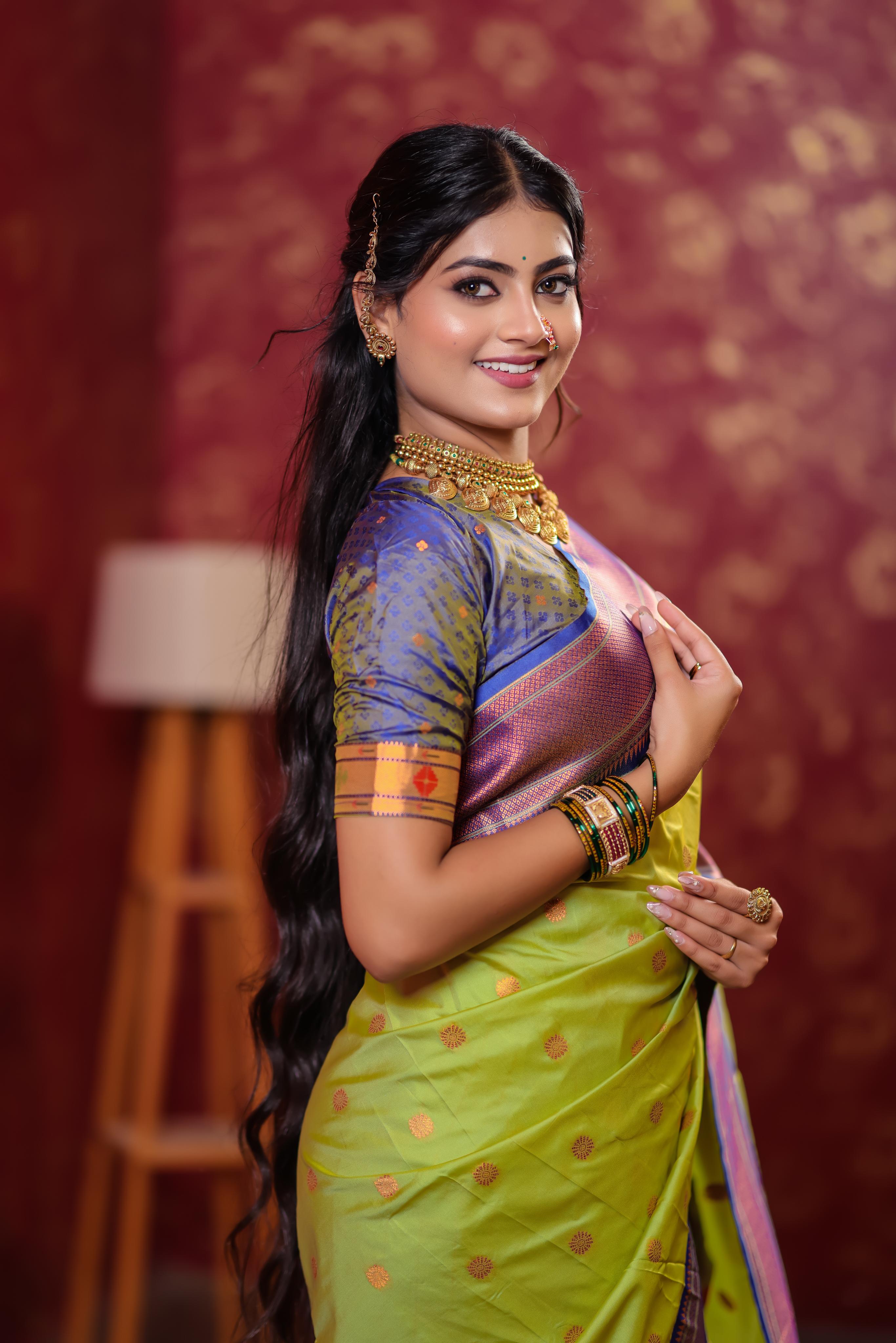 Lime Green Paithani Silk Saree with Golden Zari Butti, Royal Blue Border & Designer Pallu