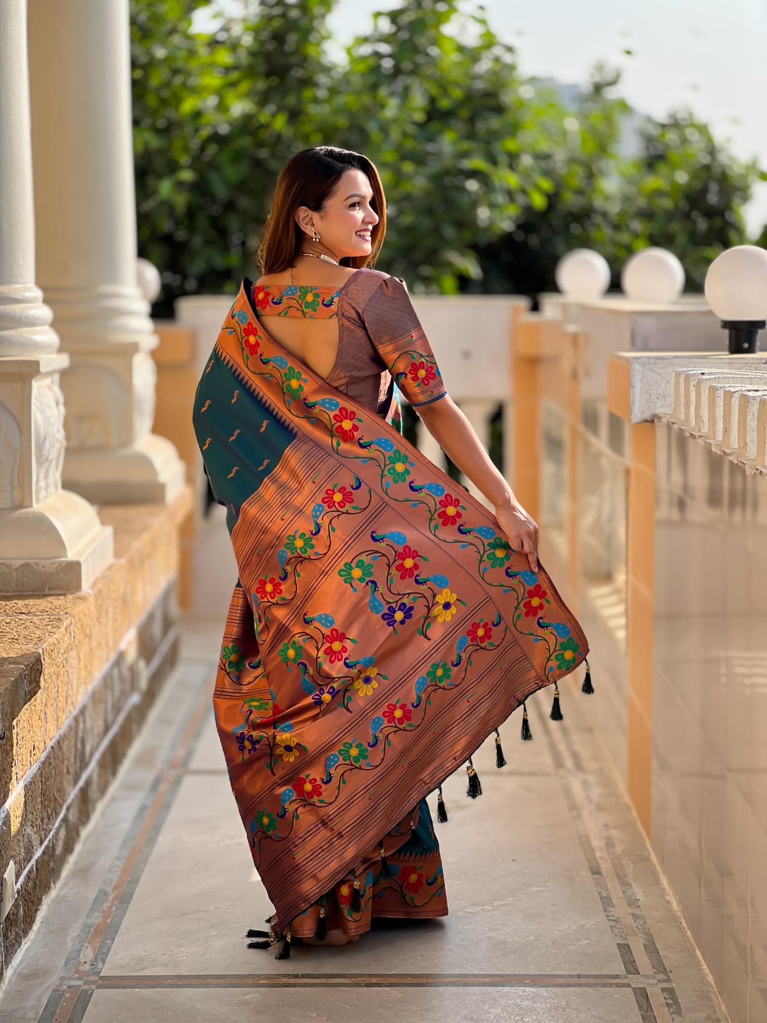 Premium Teal Blue Paithani Silk Saree for Women