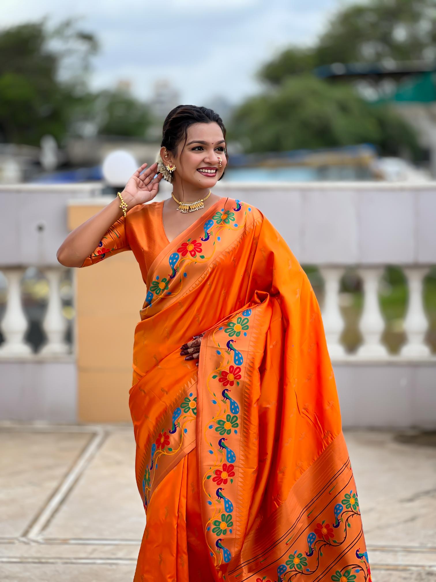 Premium Orange Paithani Silk Saree for Women