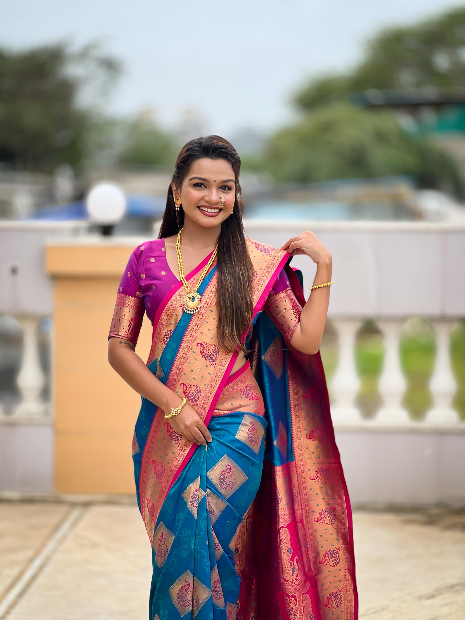 Premium Peacock Blue Banarasi Silk Saree for Women