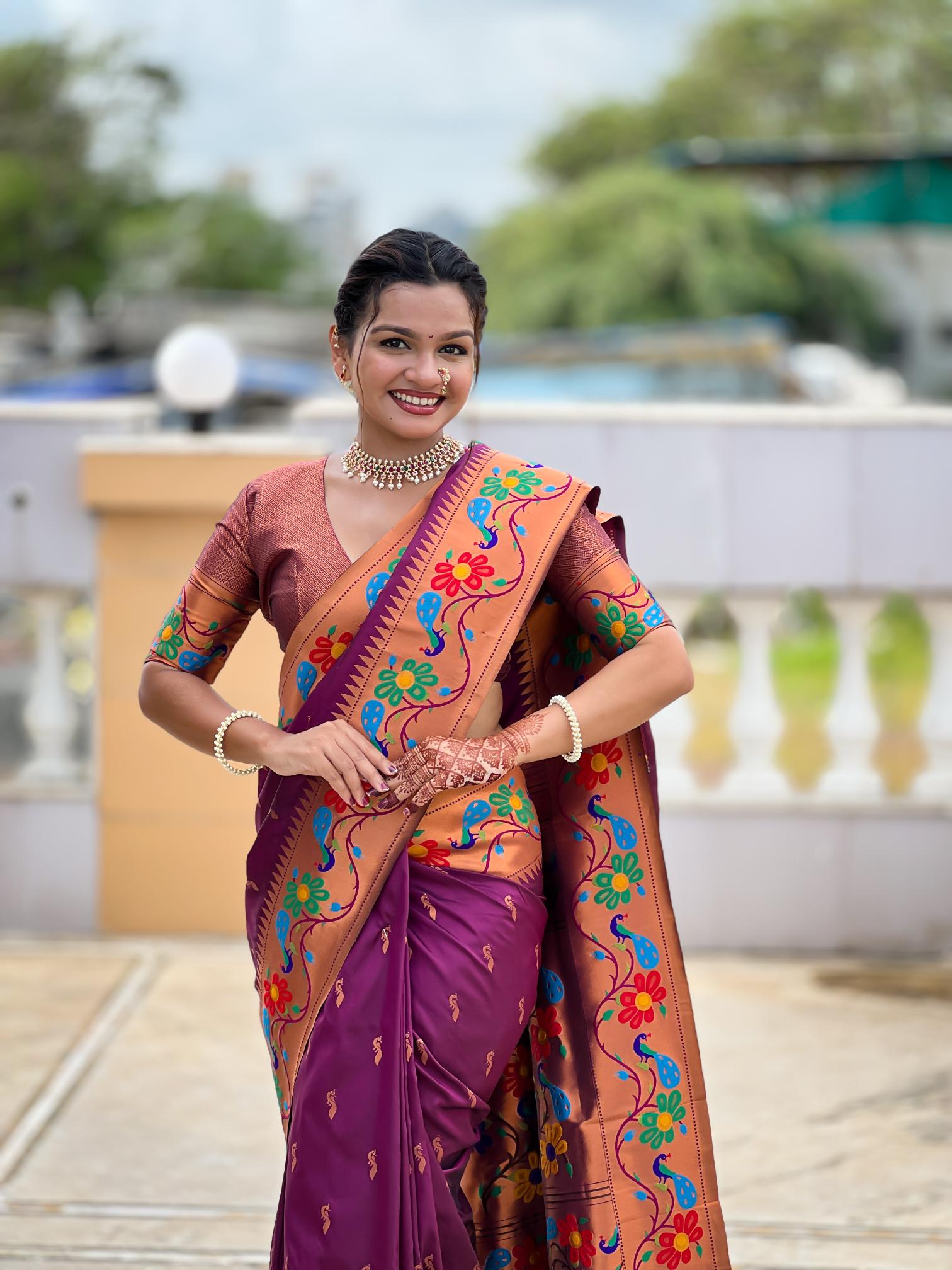 Premium Wine Purple Paithani Silk Saree for Women