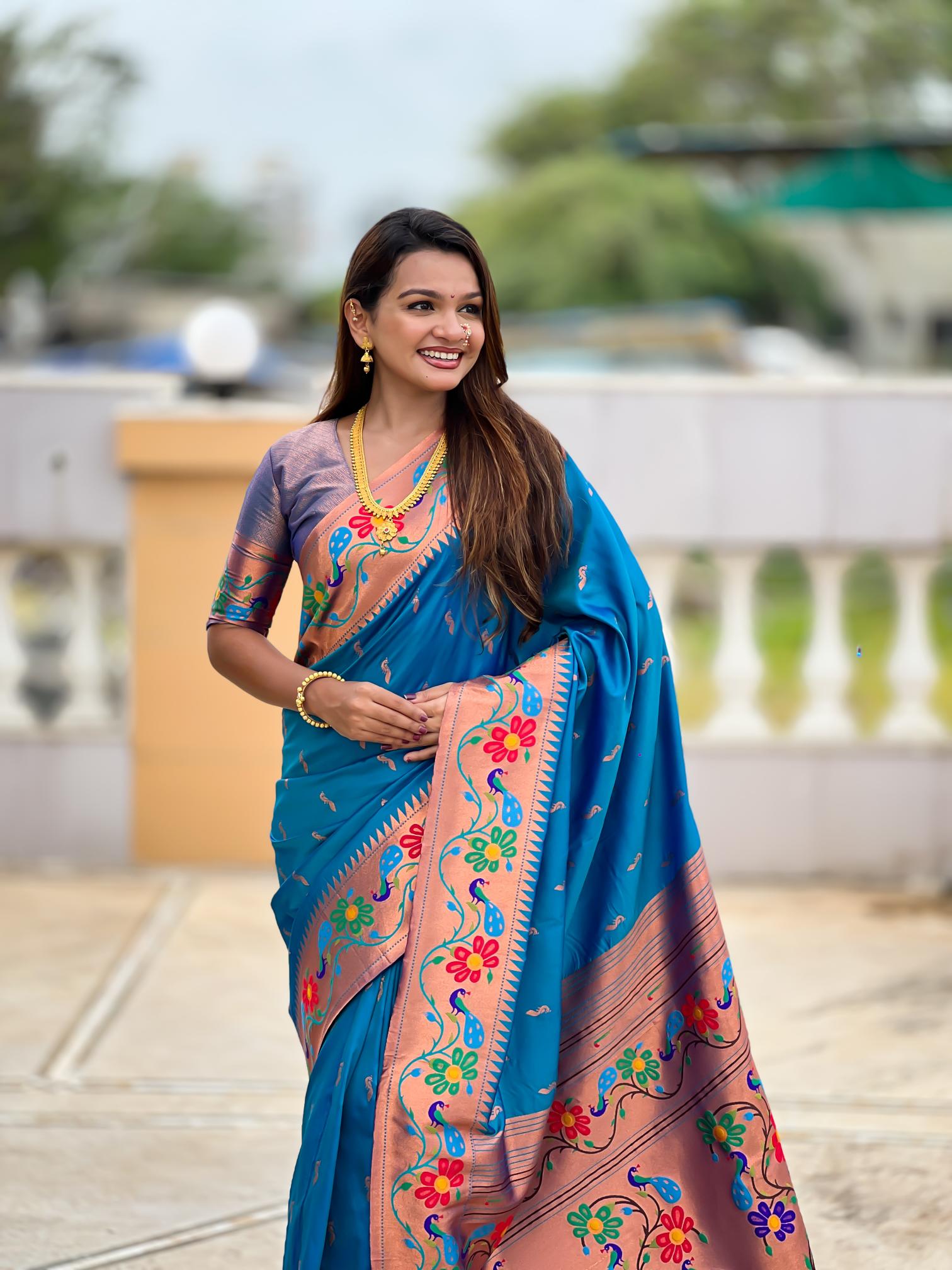 Premium Sky Blue Paithani Silk Saree for Women