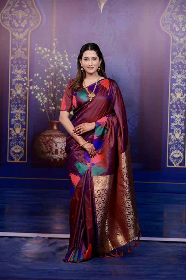 Maroon Banarasi Silk Saree with Multicolor Ikat Design & Rich Zari Woven Pallu