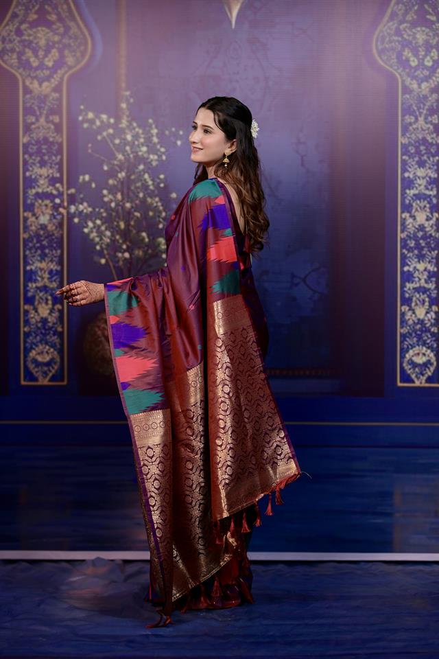 Maroon Banarasi Silk Saree with Multicolor Ikat Design & Rich Zari Woven Pallu
