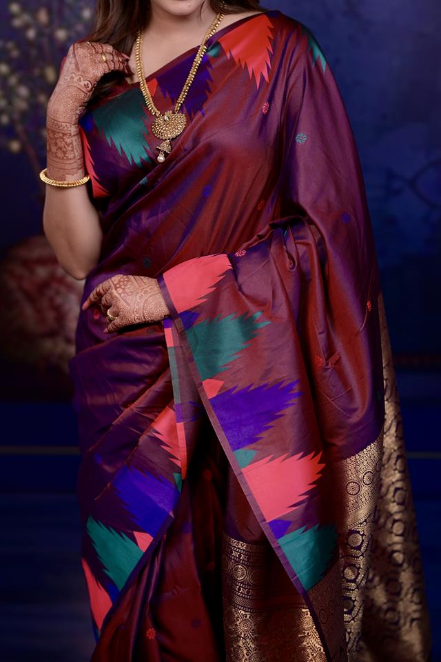Maroon Banarasi Silk Saree with Multicolor Ikat Design & Rich Zari Woven Pallu