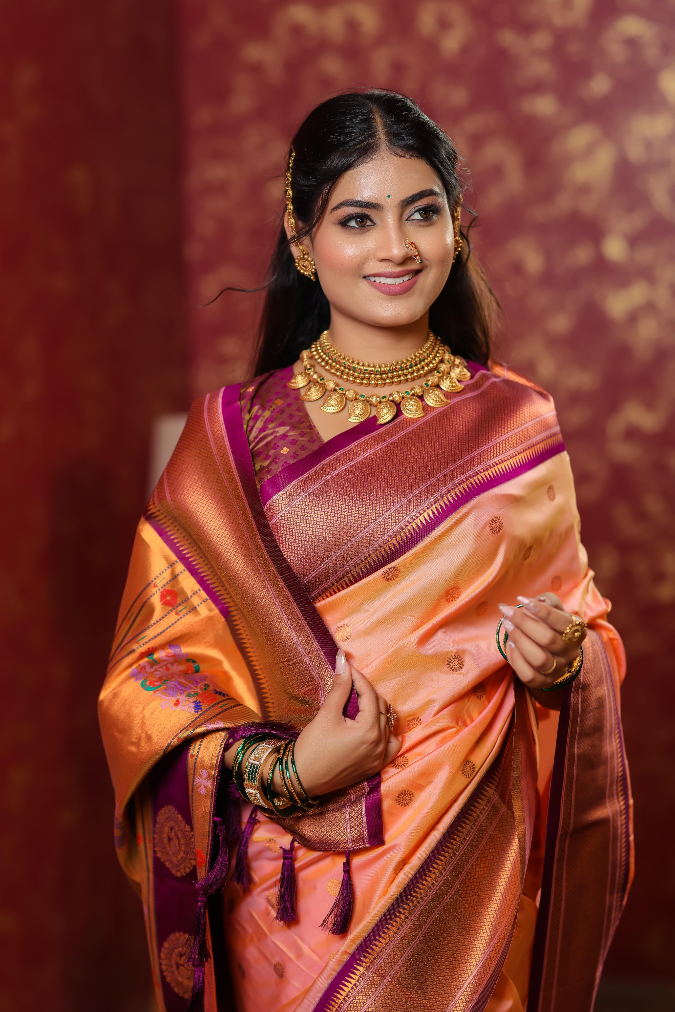 Peach Paithani Silk Saree with Golden Zari Butti, Purple Border & Designer Pallu