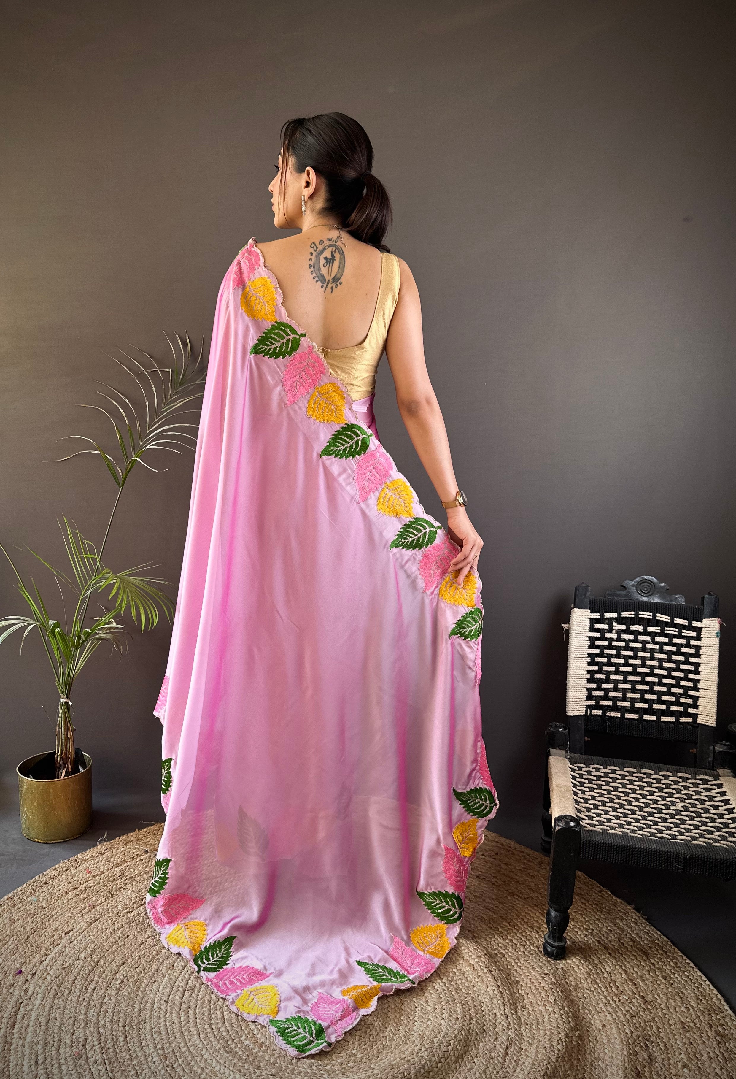 Lavender Georgette Saree with Multicolor Leaf Embroidery Border & Designer Pallu
