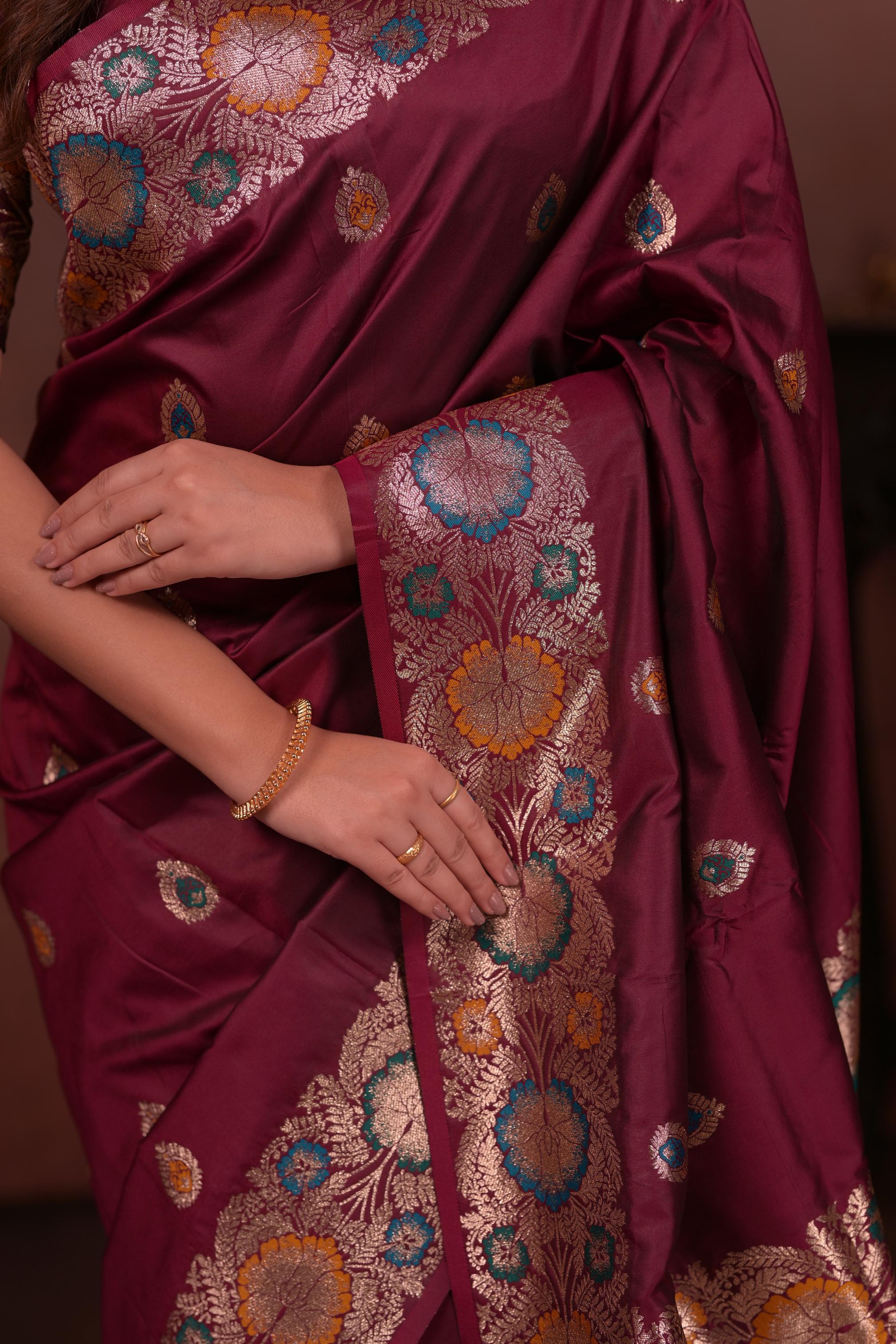 Wine Banarasi Silk Saree with Multicolor Floral Zari Woven Border & Rich Designer Pallu