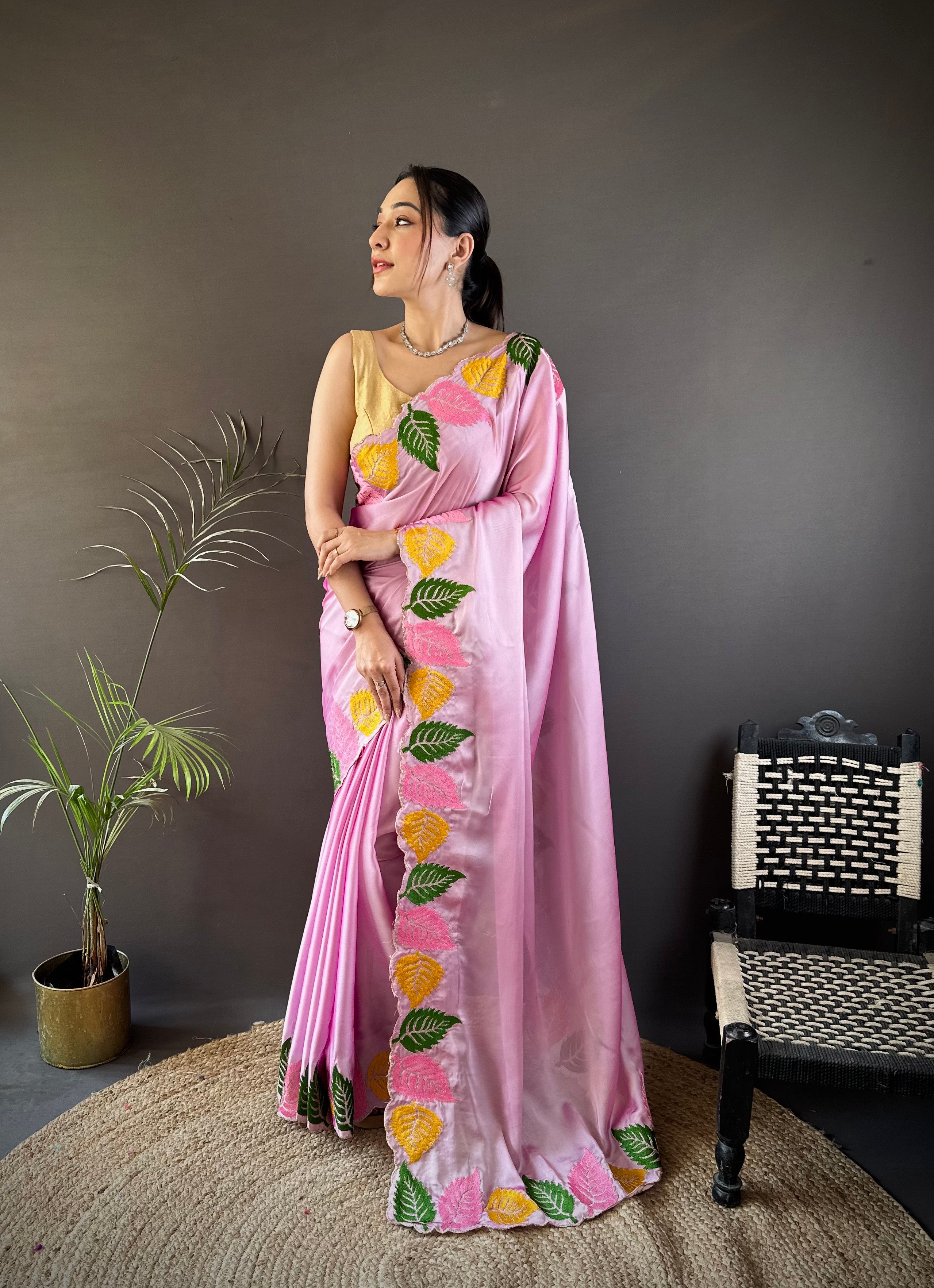 Lavender Georgette Saree with Multicolor Leaf Embroidery Border & Designer Pallu