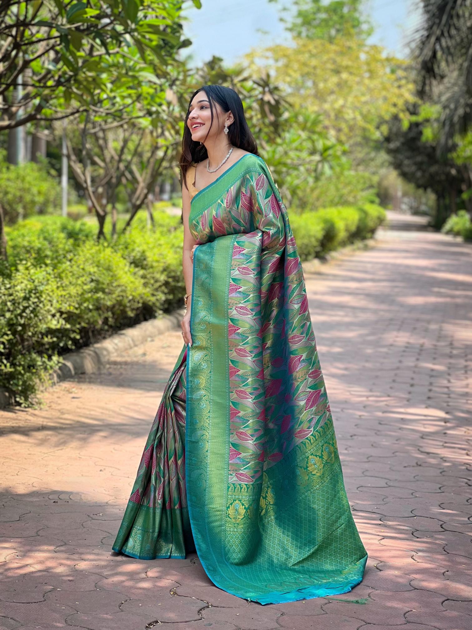 Women's Sea Green Banarasi Silk Saree with Multicolor Leaf Woven Design & Rich Zari Border