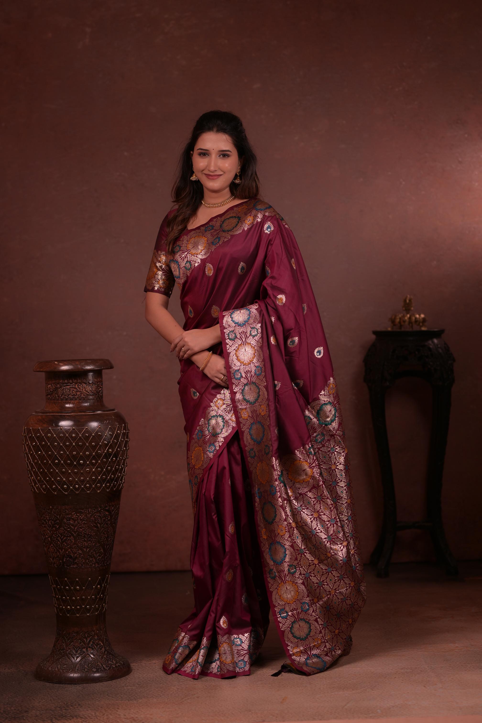 Wine Banarasi Silk Saree with Multicolor Floral Zari Woven Border & Rich Designer Pallu
