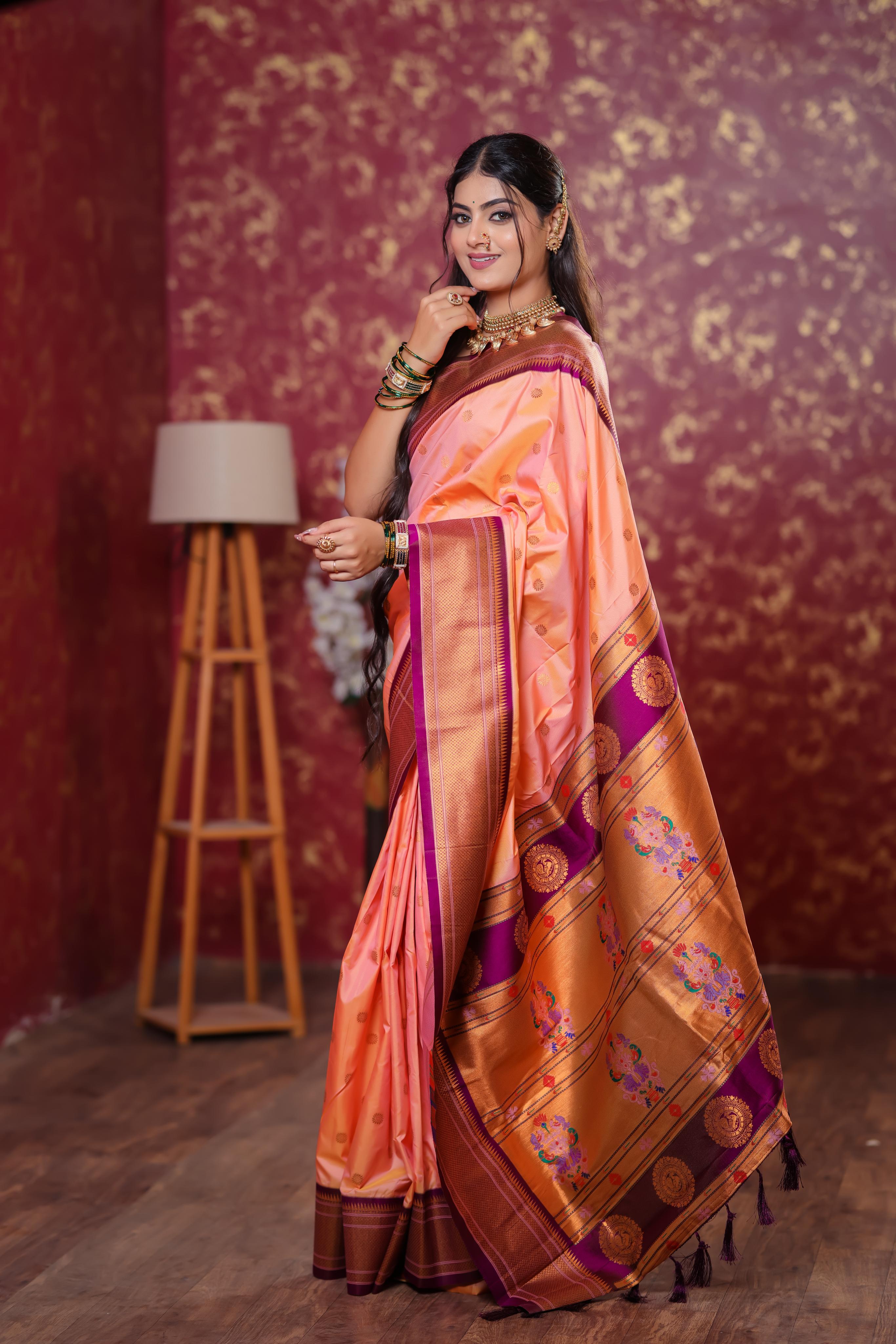 Peach Paithani Silk Saree with Golden Zari Butti, Purple Border & Designer Pallu