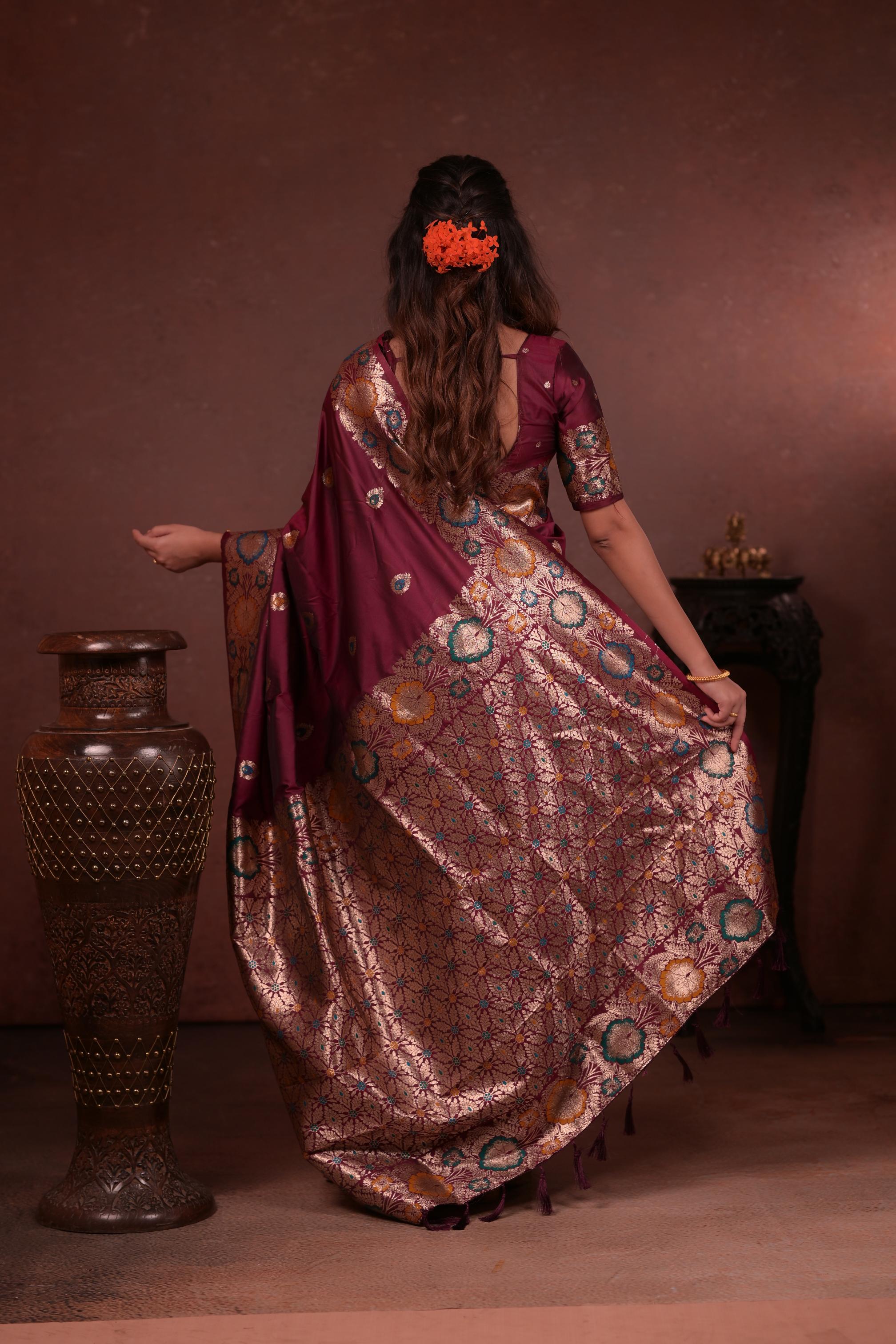 Wine Banarasi Silk Saree with Multicolor Floral Zari Woven Border & Rich Designer Pallu