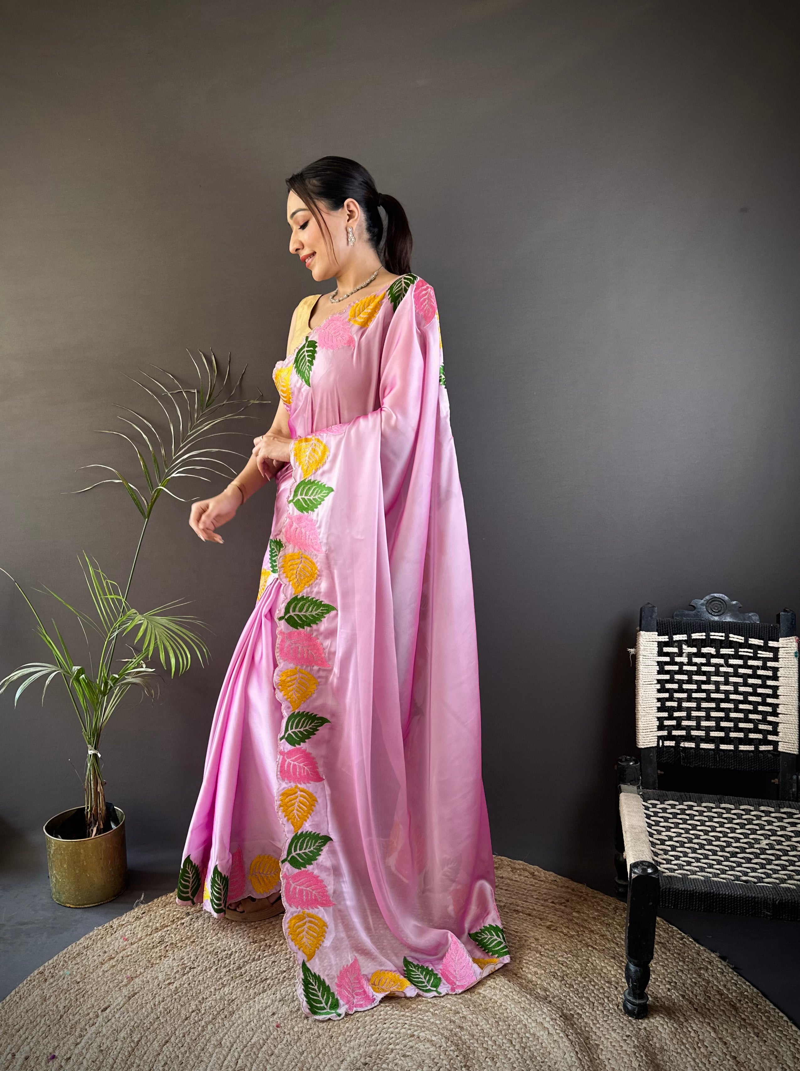 Lavender Georgette Saree with Multicolor Leaf Embroidery Border & Designer Pallu