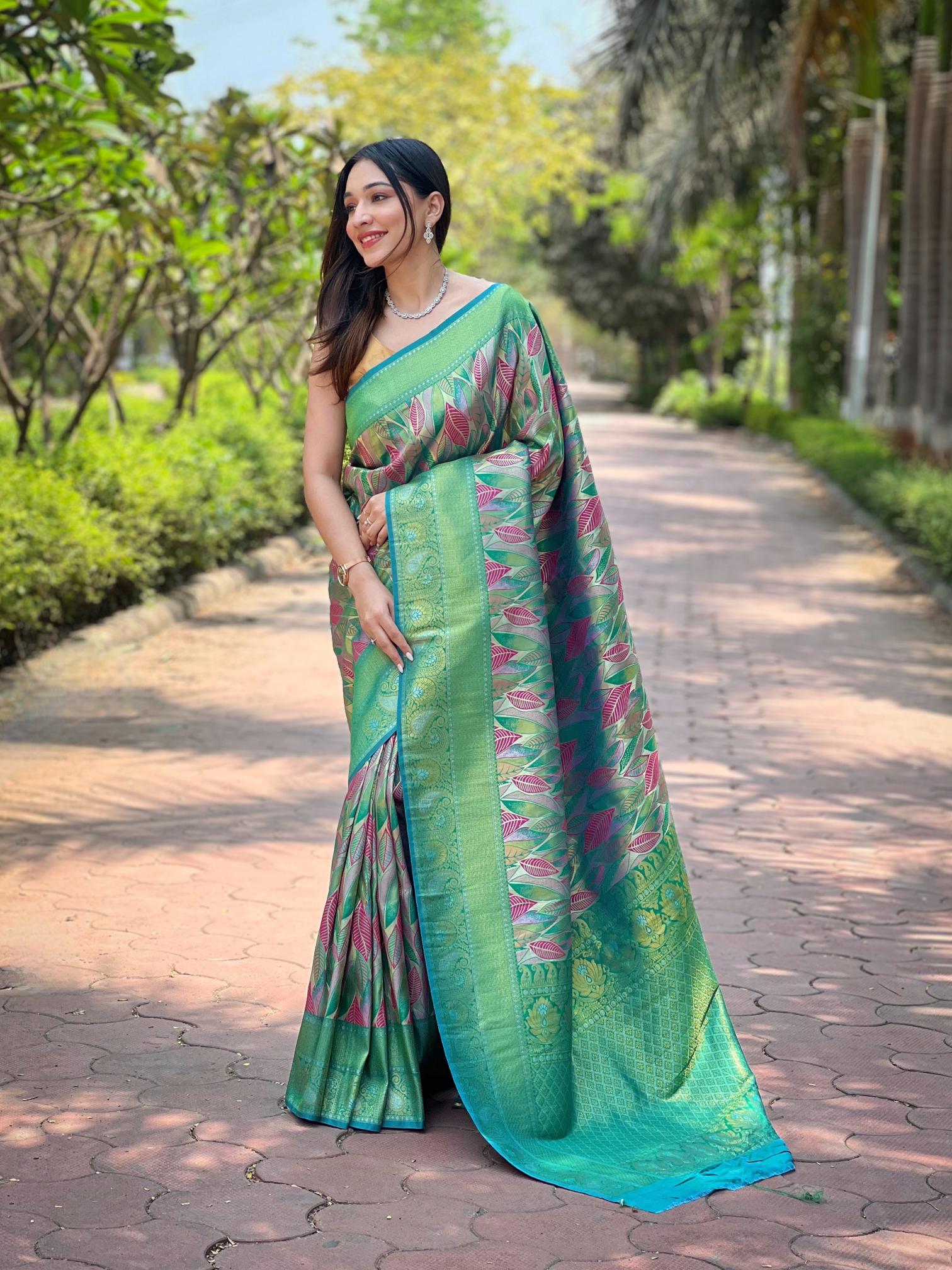 Women's Sea Green Banarasi Silk Saree with Multicolor Leaf Woven Design & Rich Zari Border