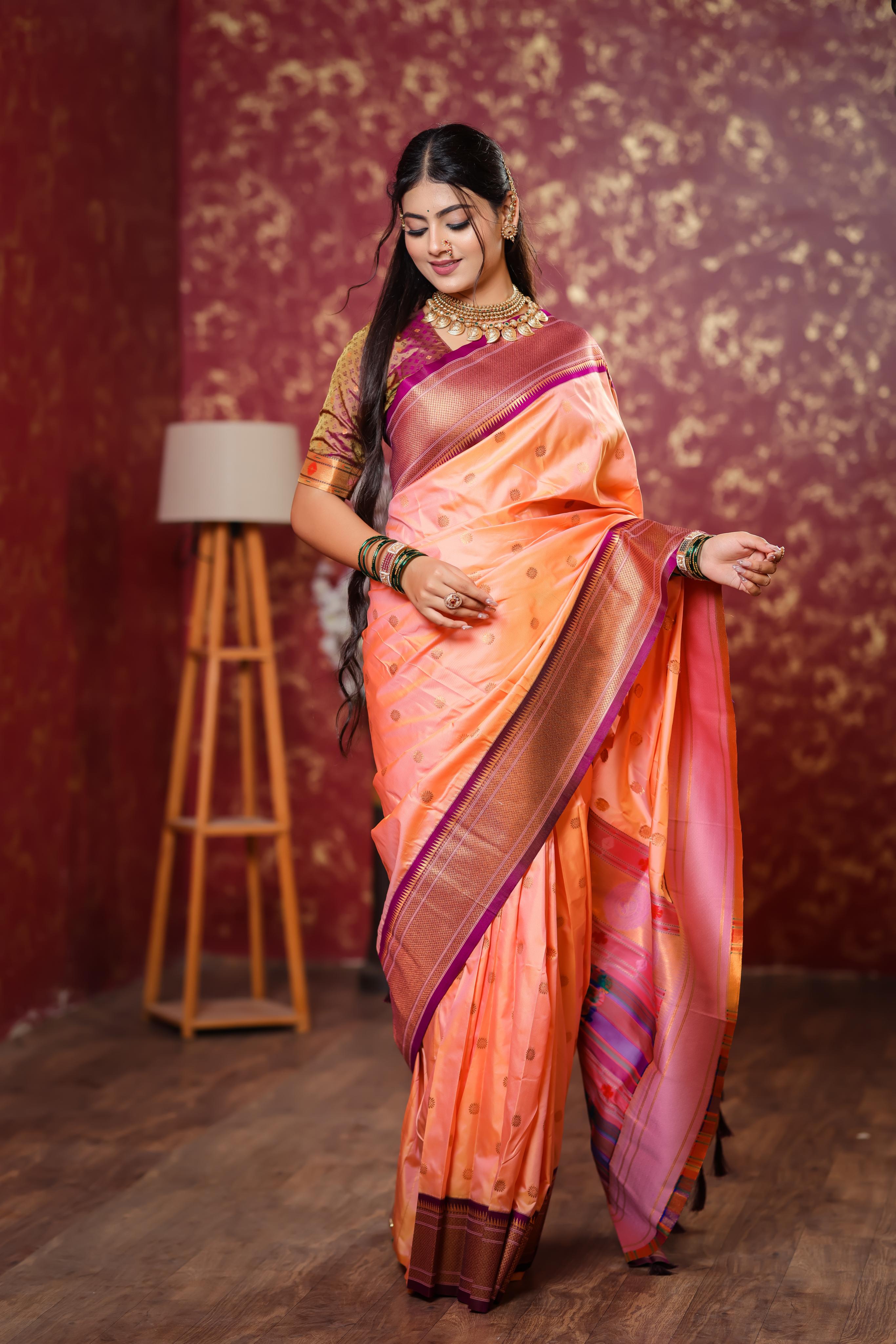 Peach Paithani Silk Saree with Golden Zari Butti, Purple Border & Designer Pallu