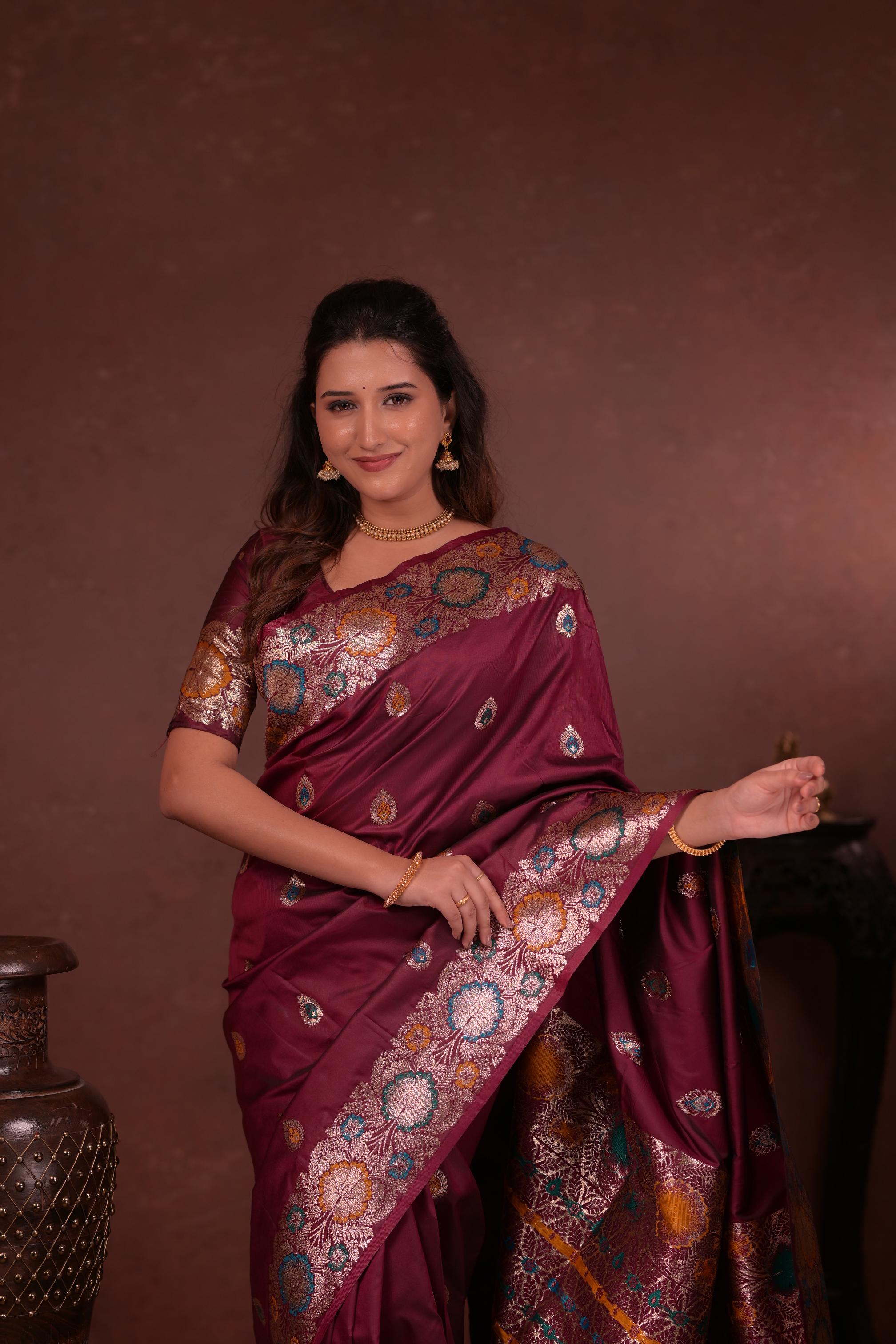 Wine Banarasi Silk Saree with Multicolor Floral Zari Woven Border & Rich Designer Pallu