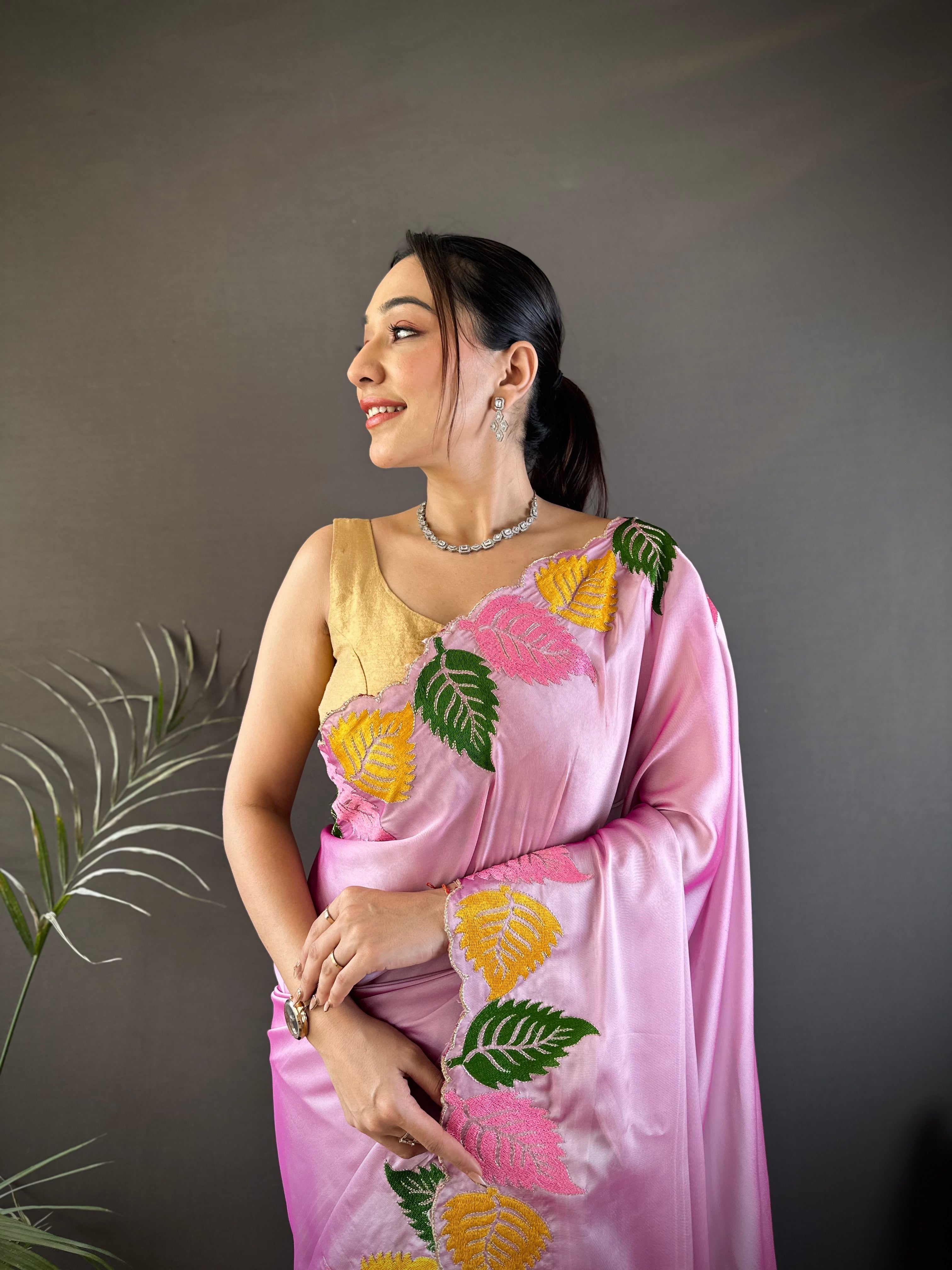 Lavender Georgette Saree with Multicolor Leaf Embroidery Border & Designer Pallu