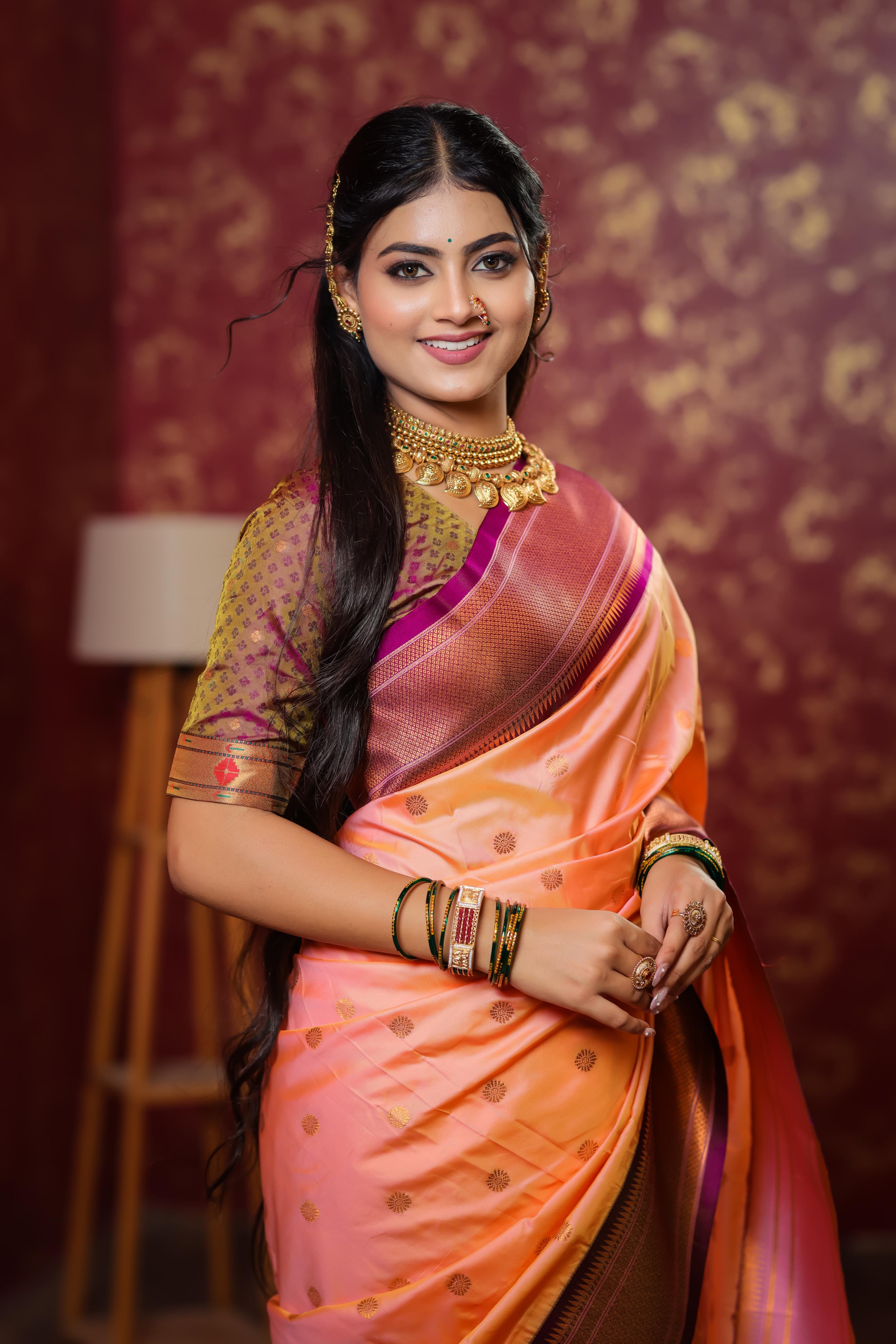 Peach Paithani Silk Saree with Golden Zari Butti, Purple Border & Designer Pallu